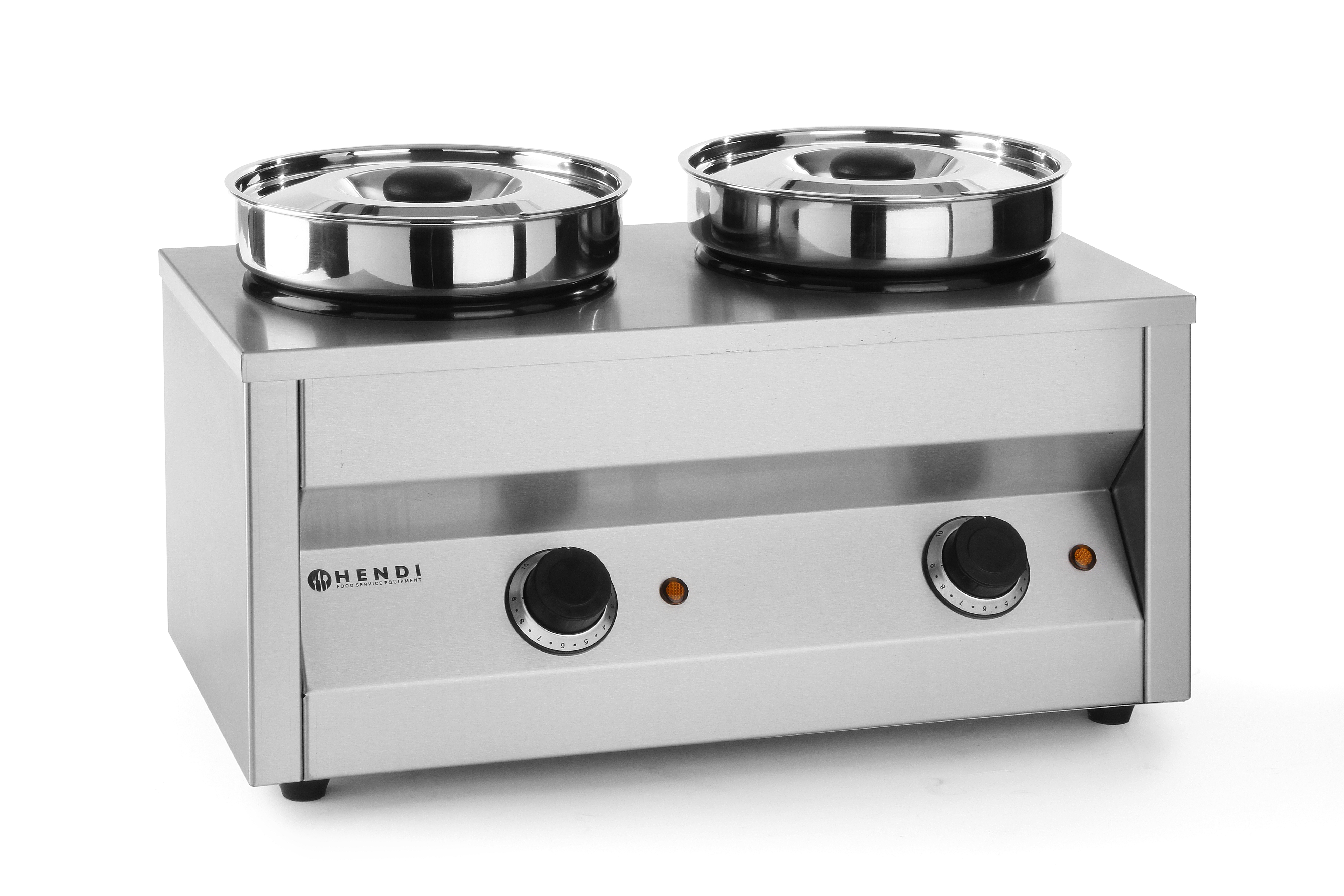 Scaldavivande in acciaio inox con due contenitori rotondi e coperchi. Manopole visibili.