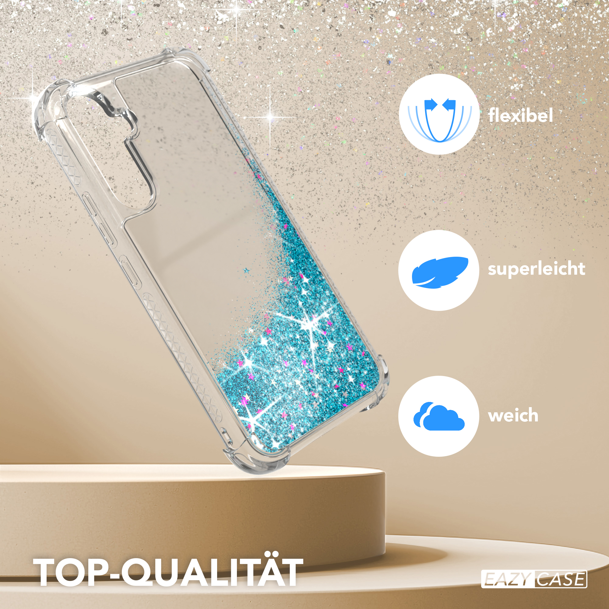 Eine transparente Handyhülle mit blauem Glitzer auf einem Ständer, mit Text und Icons.