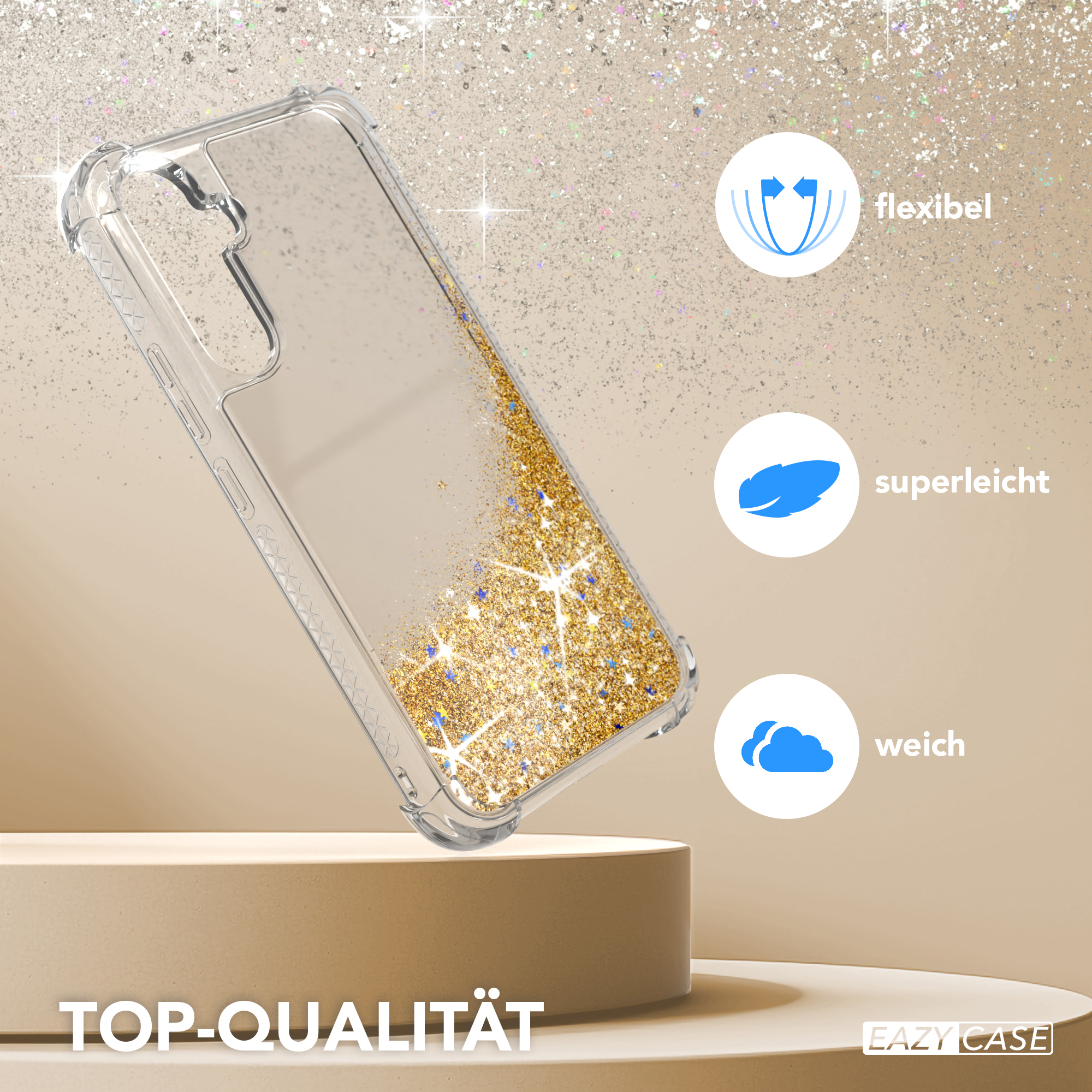 Transparente Handyhülle mit Goldglitter. Merkmale: flexibel, leicht, weich.