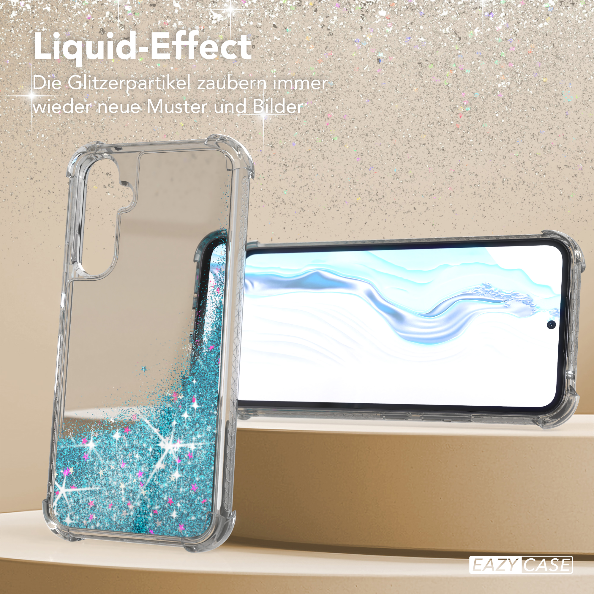Transparente Handyhülle mit blauer Glitzerflüssigkeit. Ein Telefon mit blauem Wasser ist darin platziert.