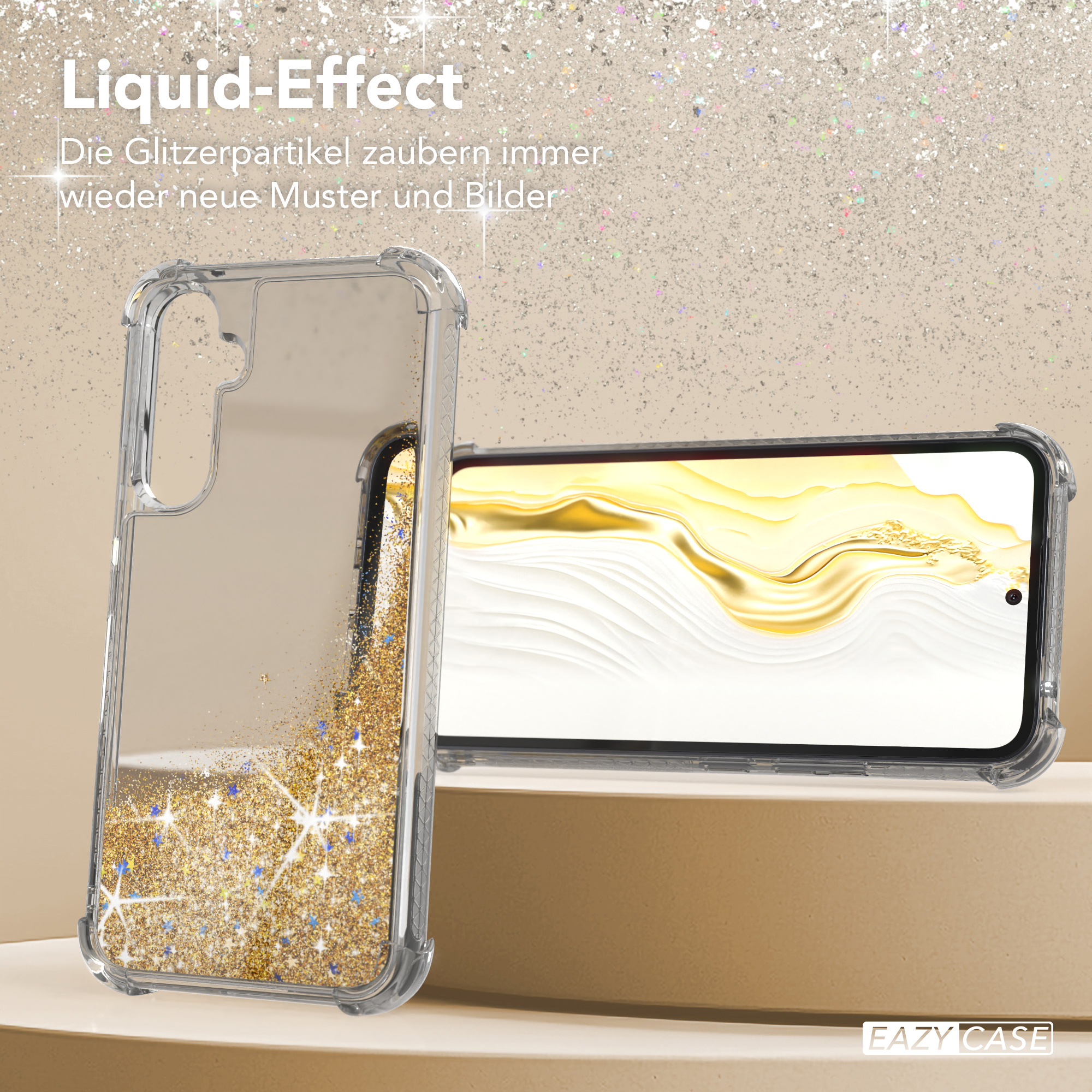 Transparente Handyhülle mit goldenem Glitzer und einem Telefon. Die Hülle ist transparent mit Text.