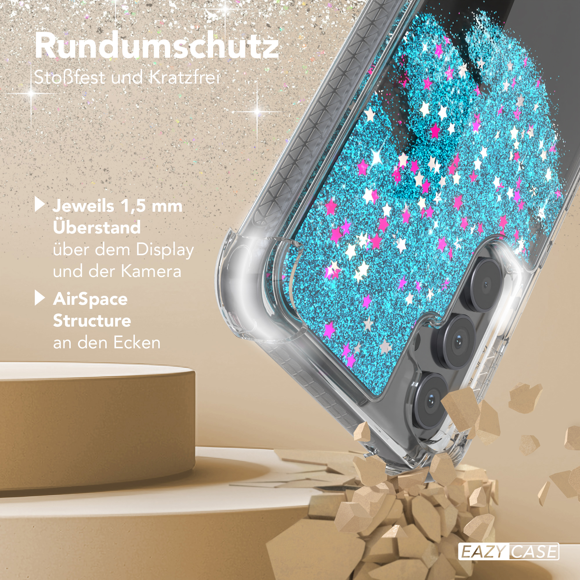Eine Handyhülle mit Glitzer, Text, darunter eine zerbrochene Oberfläche und Trümmer.