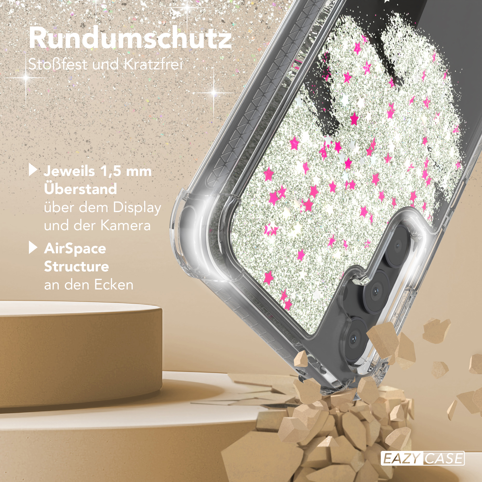 Handyhülle mit Sterndesign, Text über Schutz und Struktur wird gezeigt.