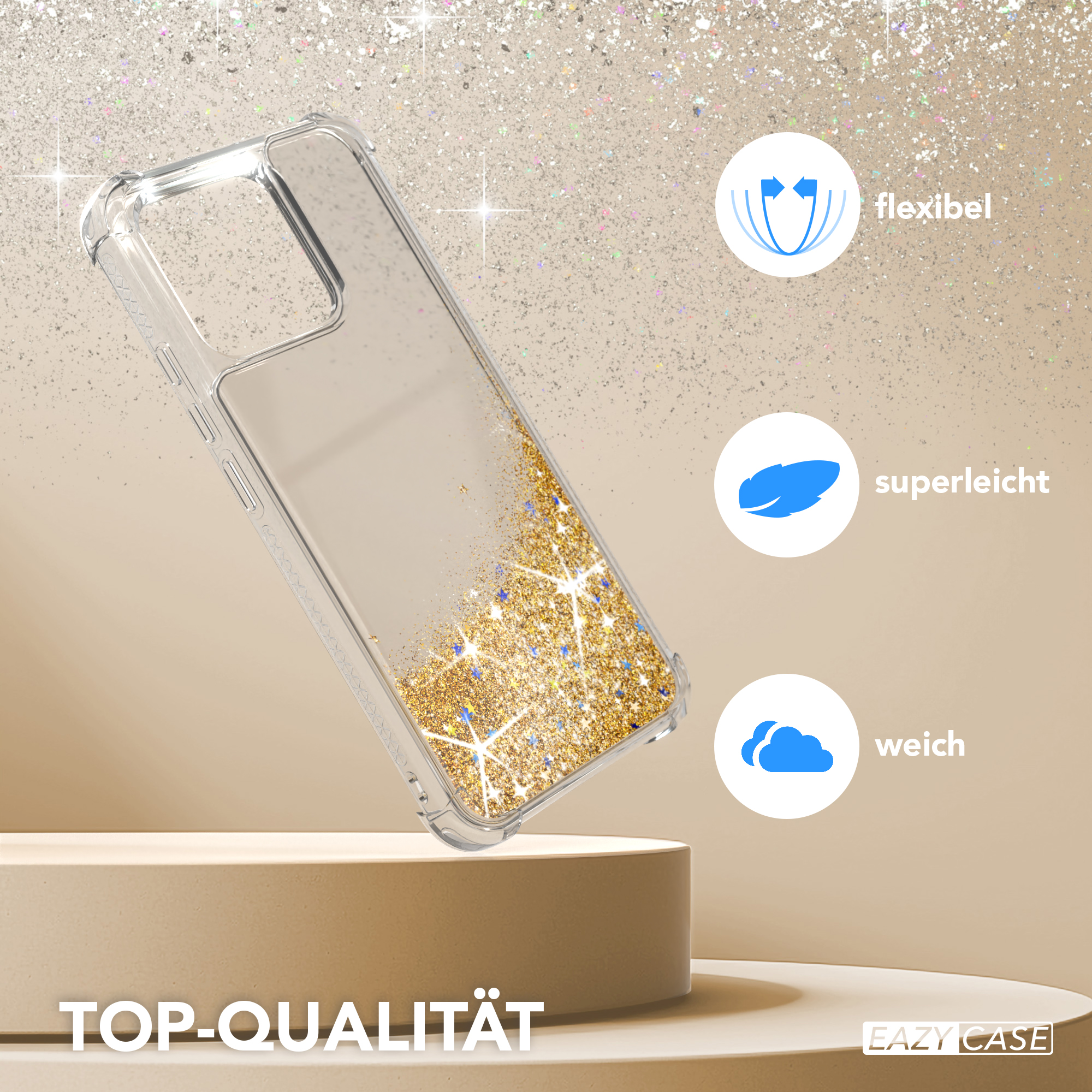 Transparente Handyhülle mit Goldglitter. Text: Top Qualität, flexibel, superleicht und weich.