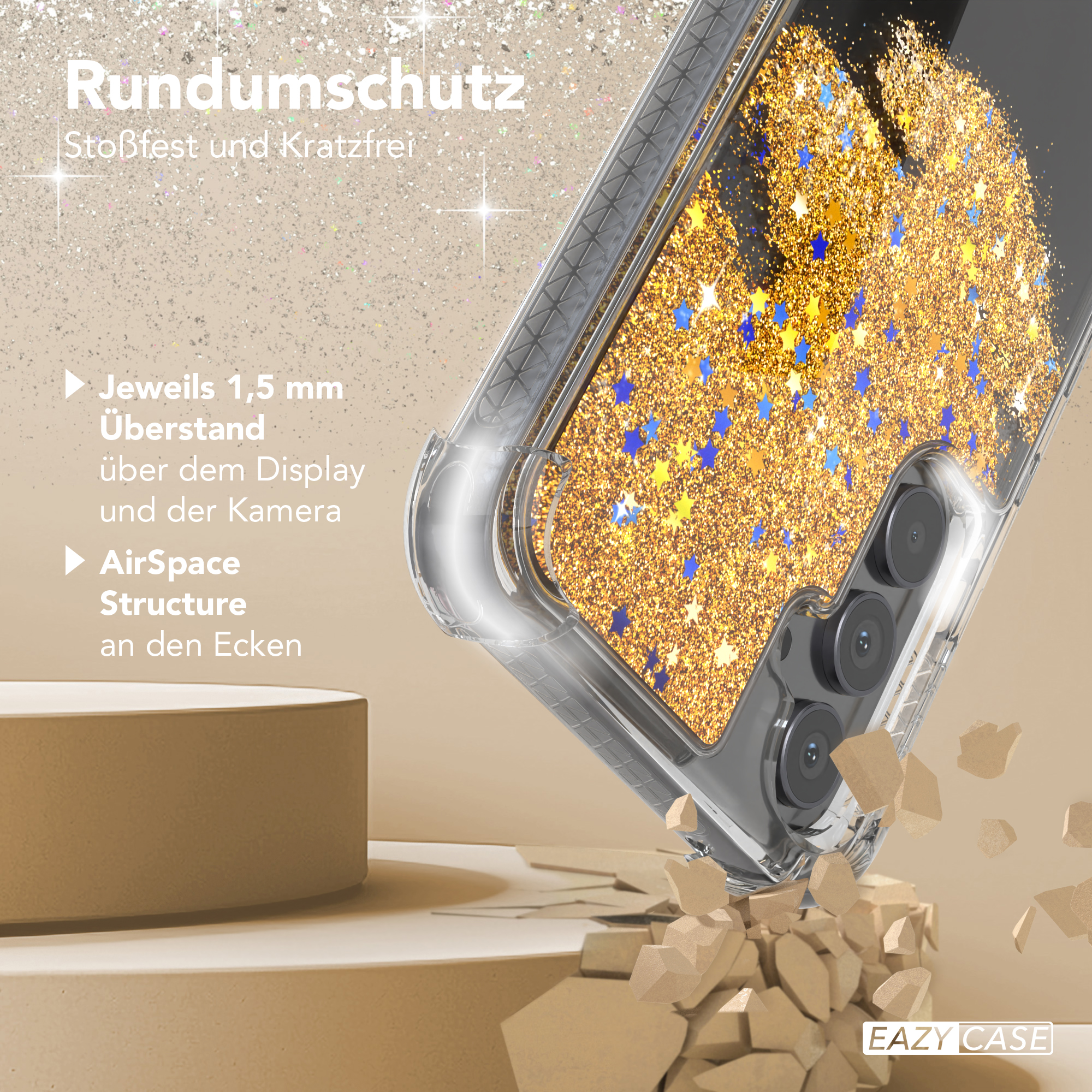 Telefon in einer transparenten Hülle mit Goldglitzer. Text: Rundumschutz, Stoßfest und Kratzfrei.