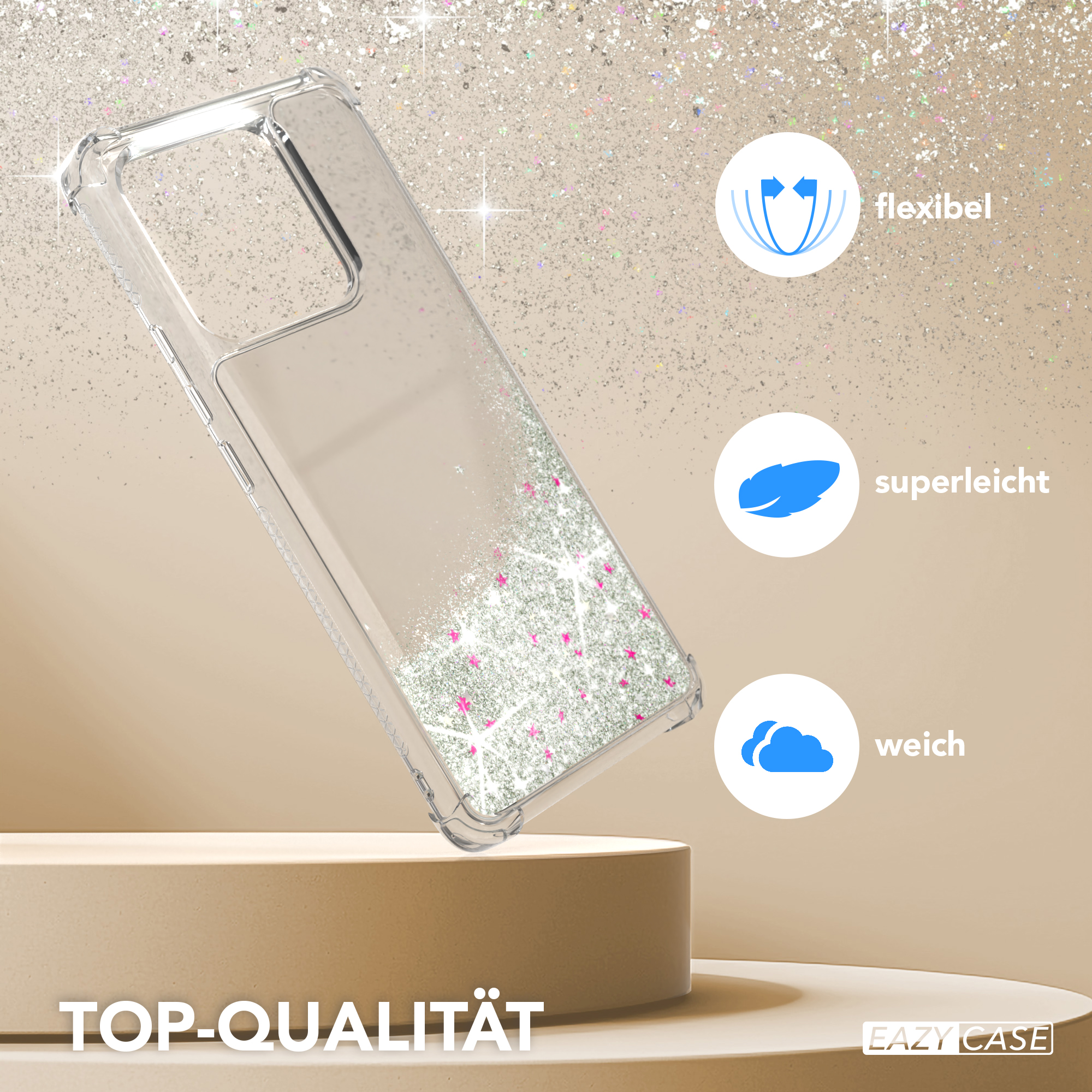 Transparente Handyhülle mit Glitzer. 3 Icons: flexibel, superleicht, weich. Top Qualität.