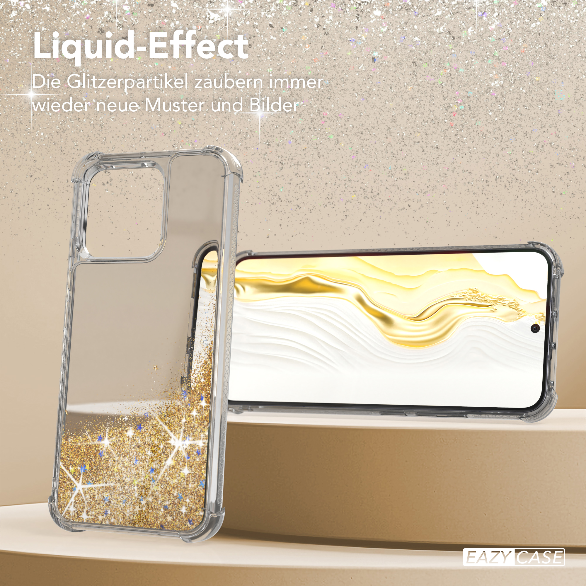Transparente Handyhülle mit Flüssigkeit und goldenem Glitzer neben einem Telefon mit goldenem Bildschirm.