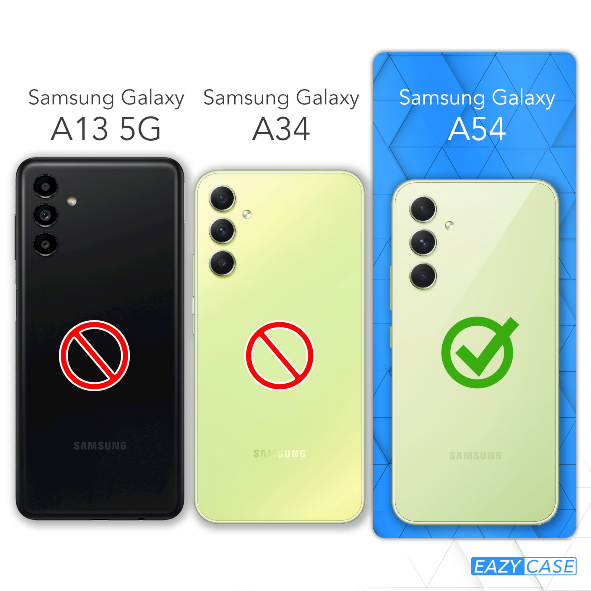 Drei Telefone, Samsung Galaxy, mit einem grünen Häkchen auf dem A54 und einem roten Kreuz auf den anderen.