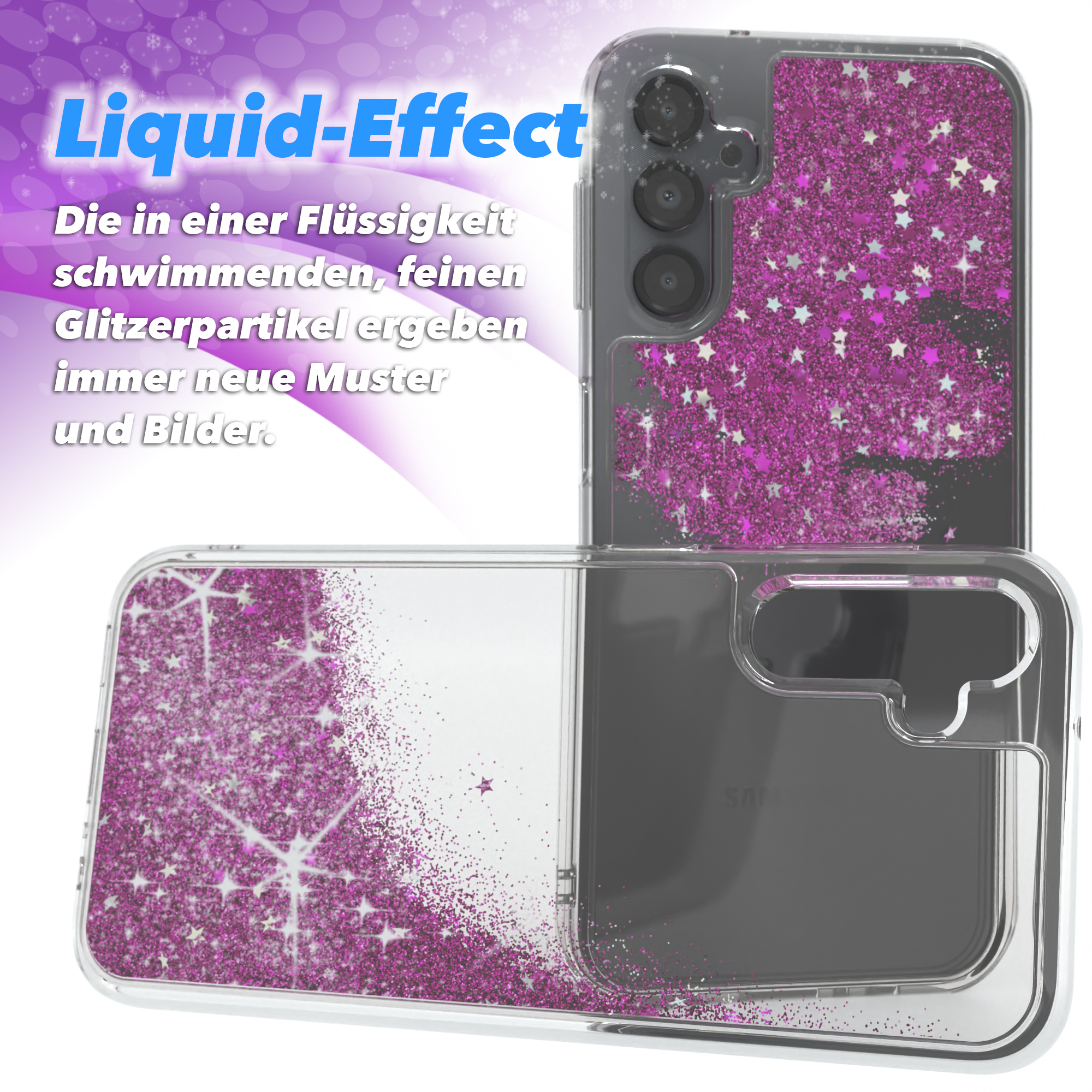Transparente Handyhülle mit rosa Glitzereffekt. Text: Liquid-Effect mit Beschreibung.