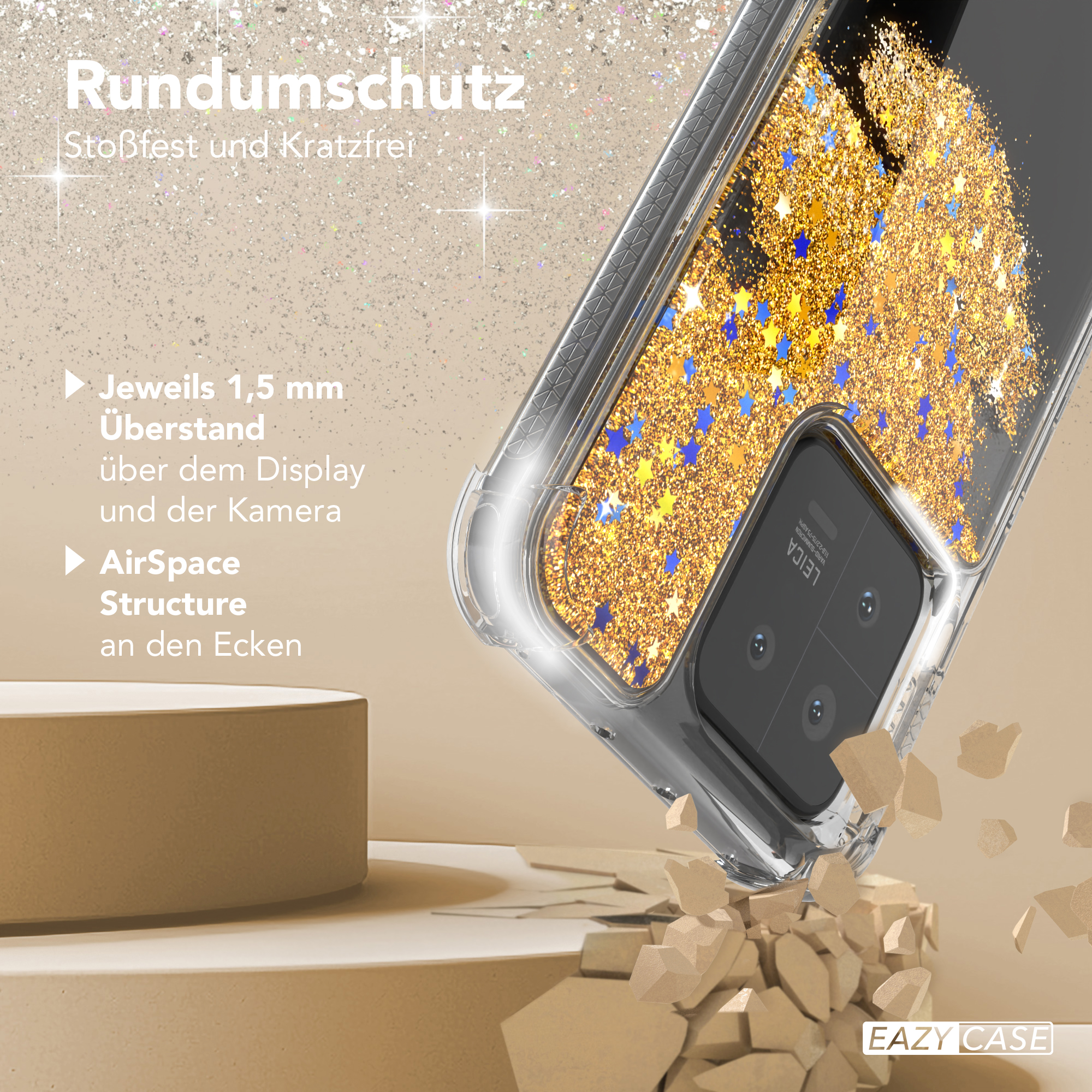 Eine Handyhülle mit goldenem Glitzer, mit dem Text 'EAZY CASE' unten. Das Telefon ist gerissen.