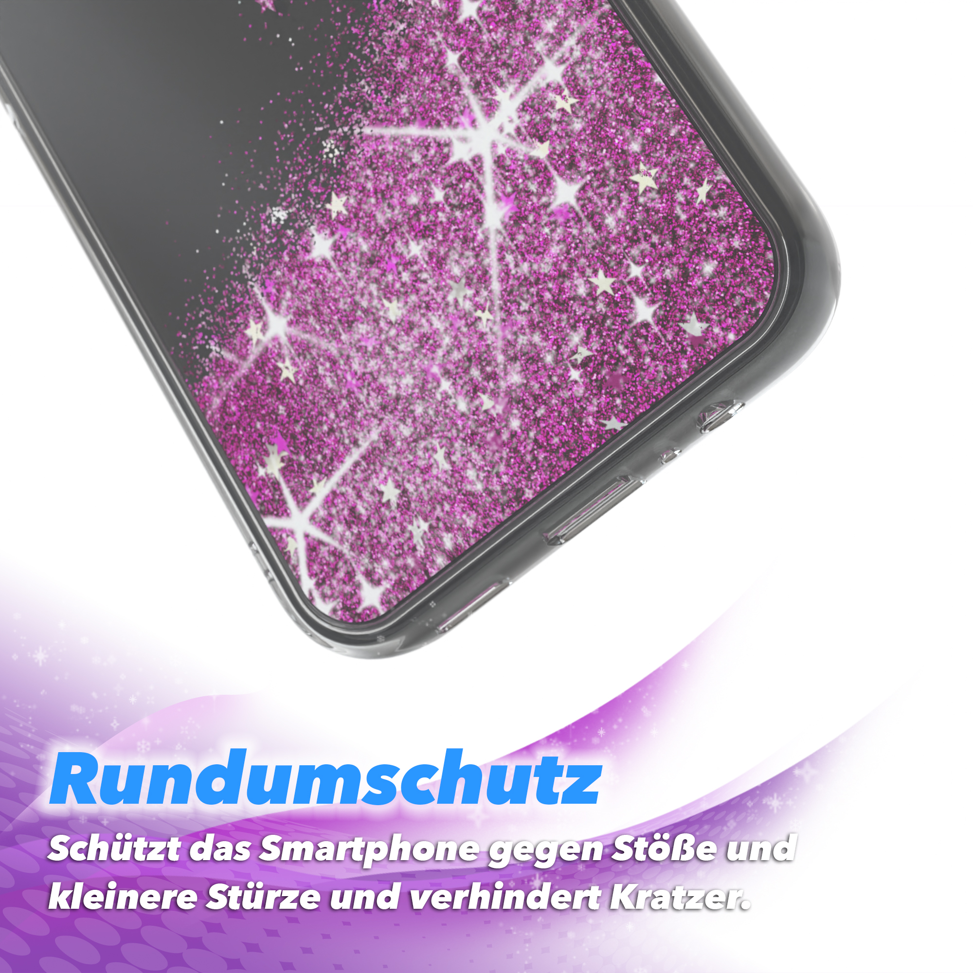Eine durchsichtige Smartphone-Hülle mit rosa Glitzer und Sternen, mit einem lila-weißen Farbverlauf.