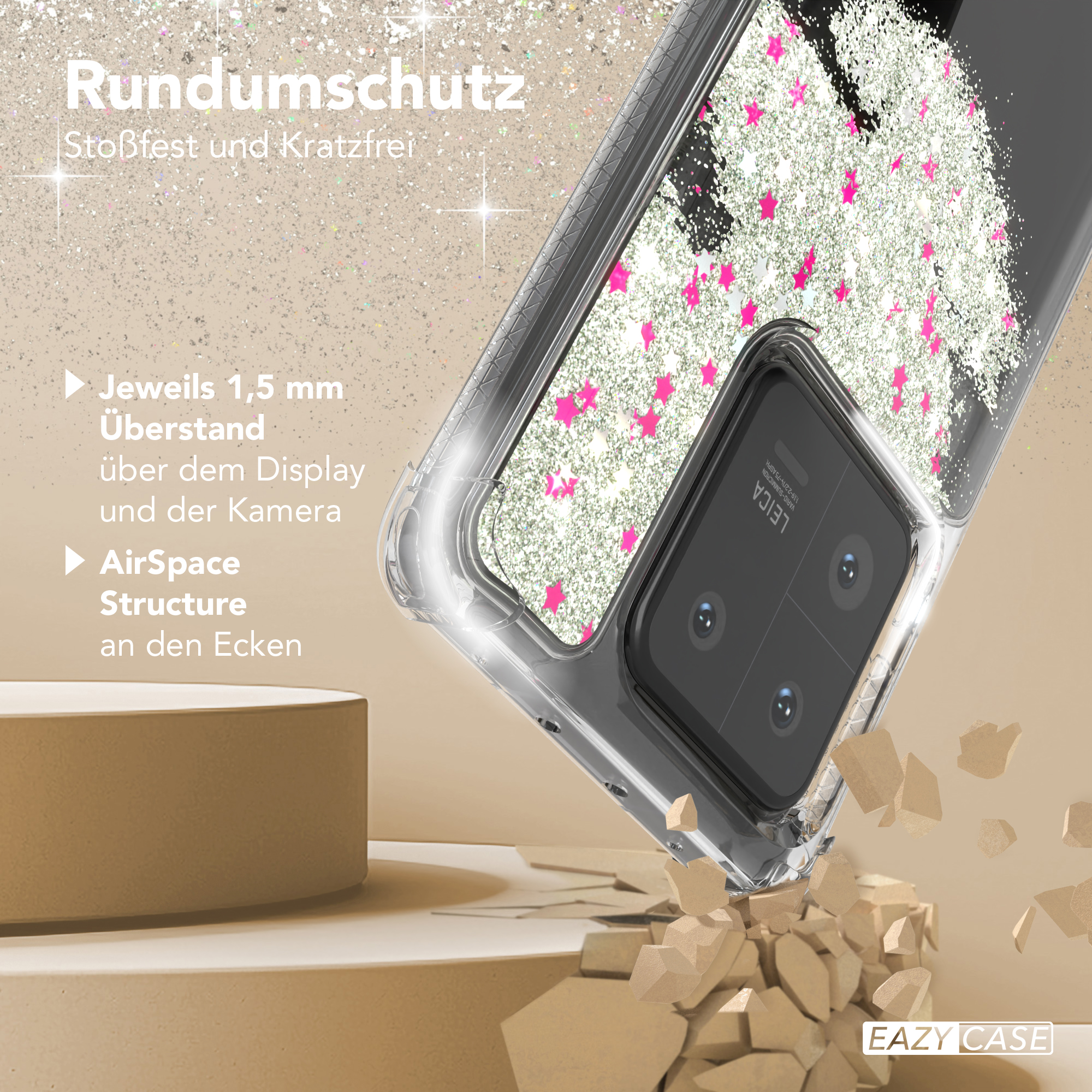 Handyhülle mit rosa Sternen und Glitzer, und darunter eine gesprungene Oberfläche.