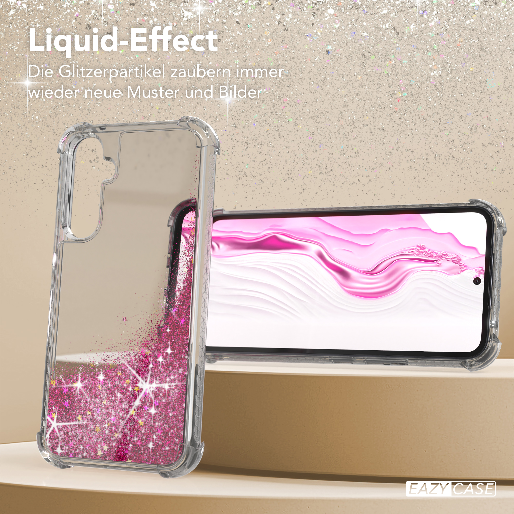 Eine Handyhülle mit Flüssigkeits- und Glitzereffekt, mit einem Telefon darin, auf goldener Oberfläche.