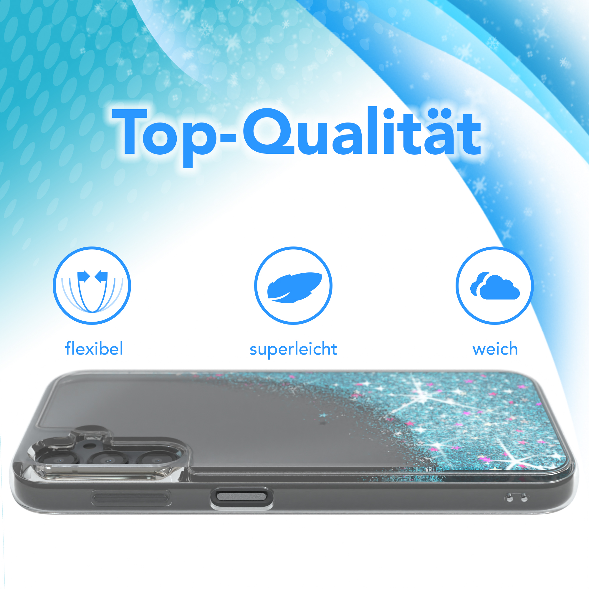 Eine Handyhülle mit Glitzerdesign und Symbolen für flexible, leichte und weiche Eigenschaften.