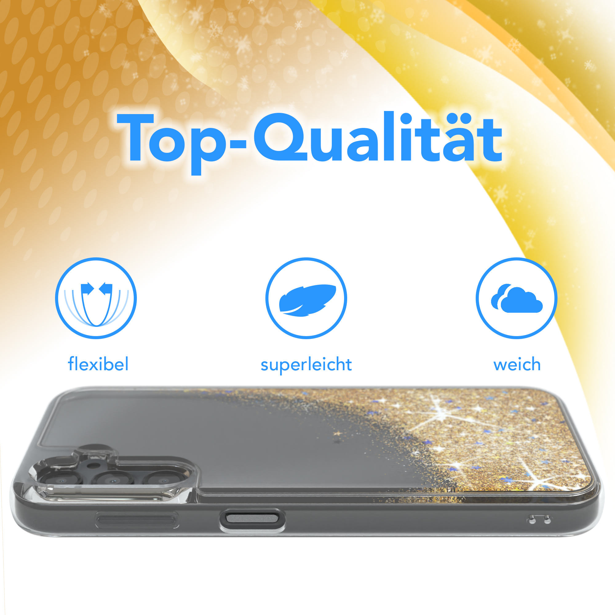 Galaxy CASE Samsung, Gold Backcover, Flüssig, Glitzerhülle 5G, EAZY A14