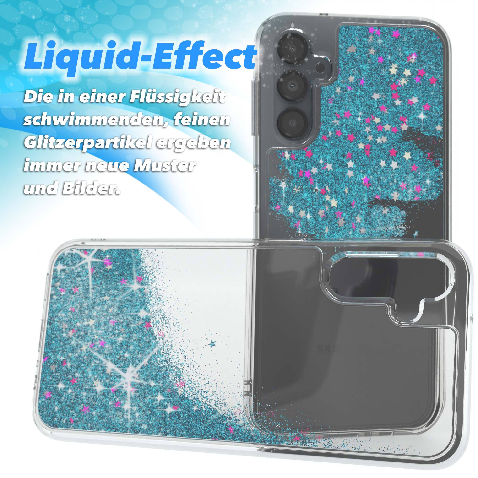 Handyhülle mit Flüssigkeits-Glitzer-Effekt. Blaue und pinkfarbene Glitzersterne in klarer Hülle.