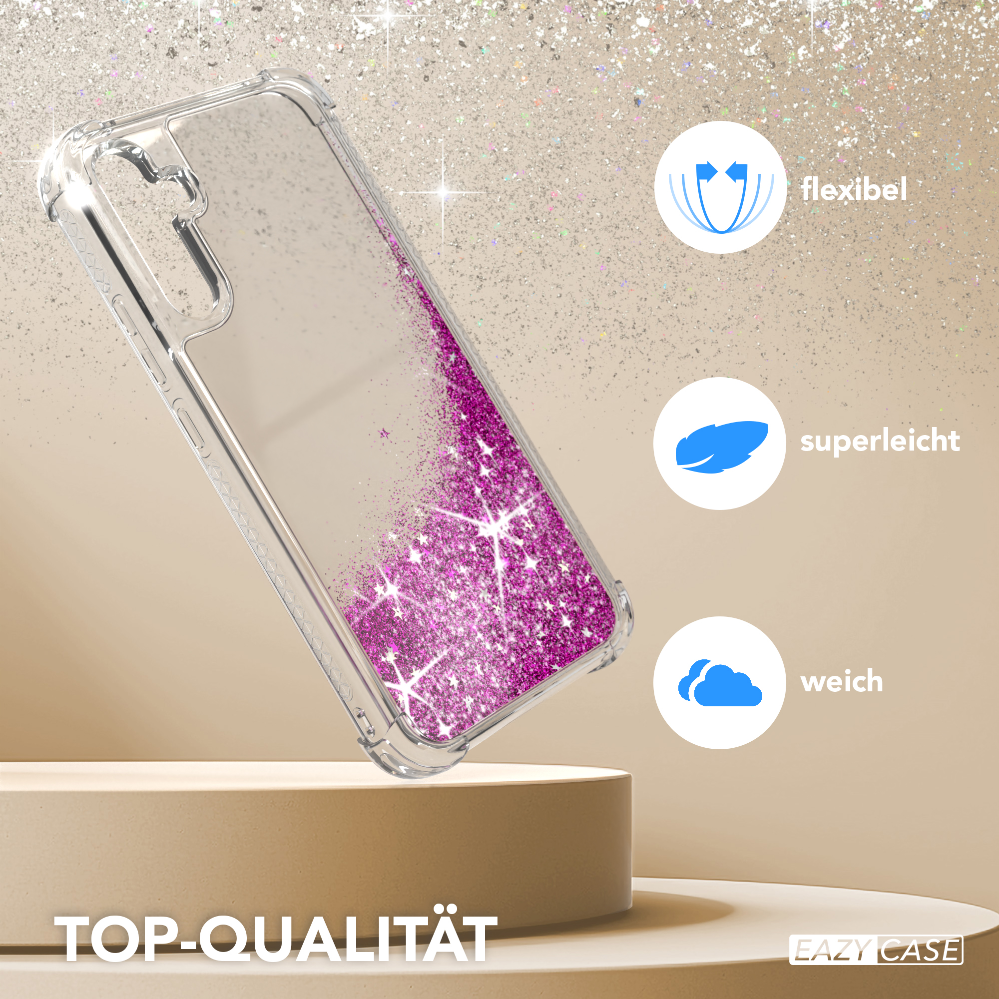Transparente Handyhülle mit rosa Glitzer und Icons: flexibel, leicht und weich.