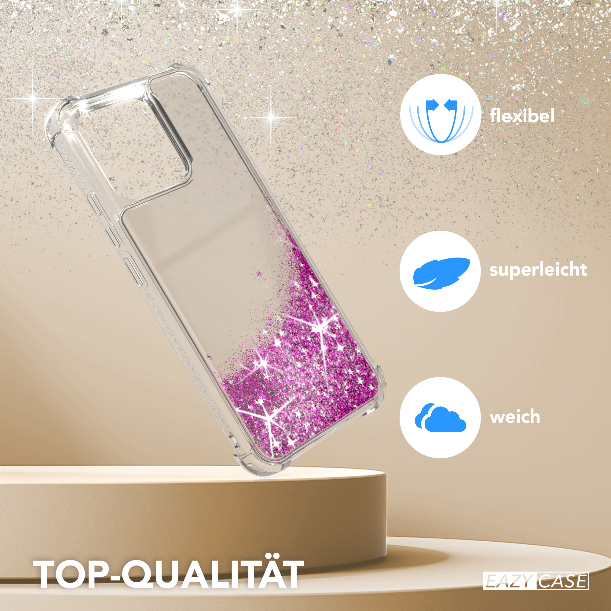 Transparente Handyhülle mit pinkem Glitzer. Sie hat einen goldenen Sockel und den Text 'TOP-QUALITÄT'.