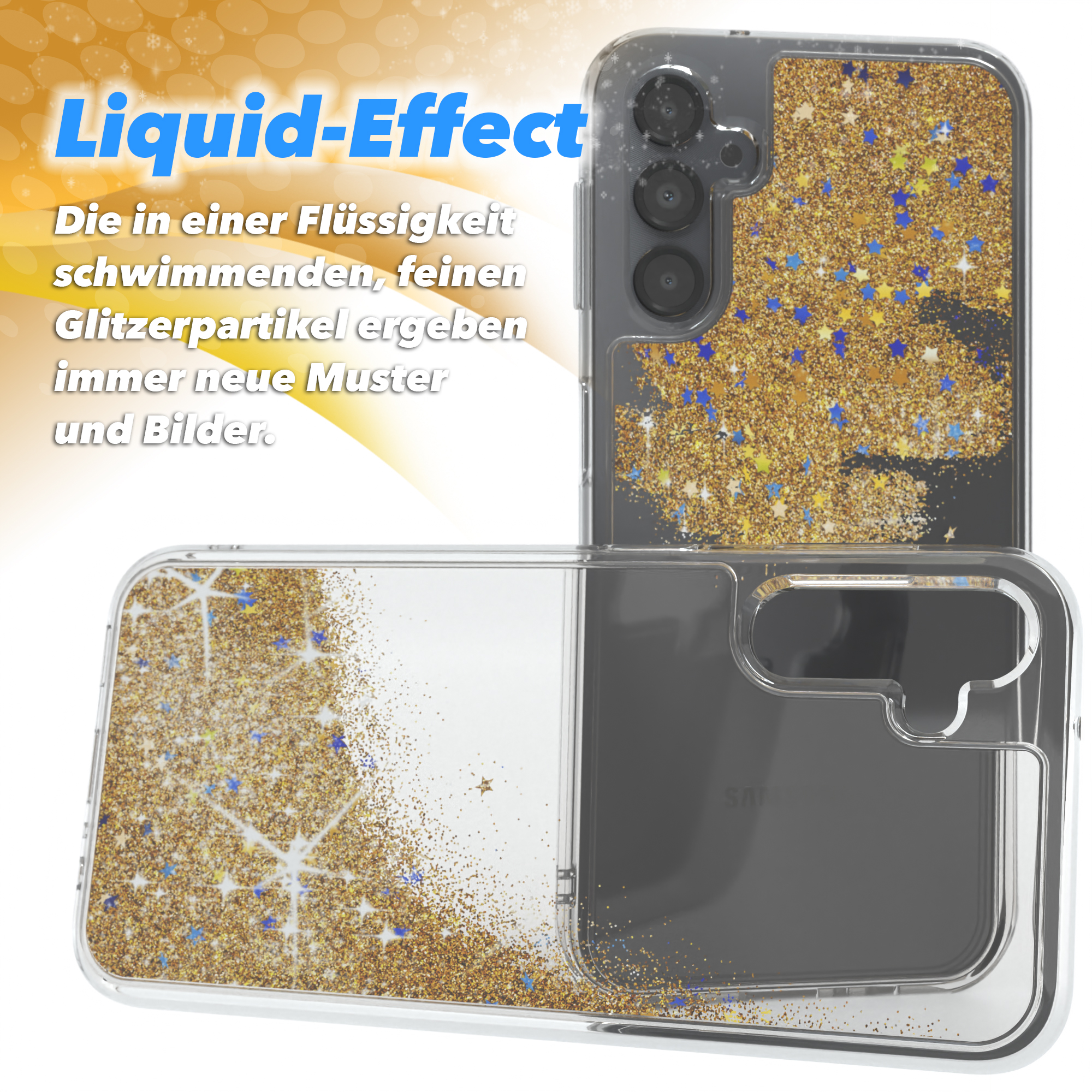 Zwei Handyhüllen mit Flüssigkeitsglitzer. Das Design zeigt ein goldenes Glitzermuster mit Sternen.