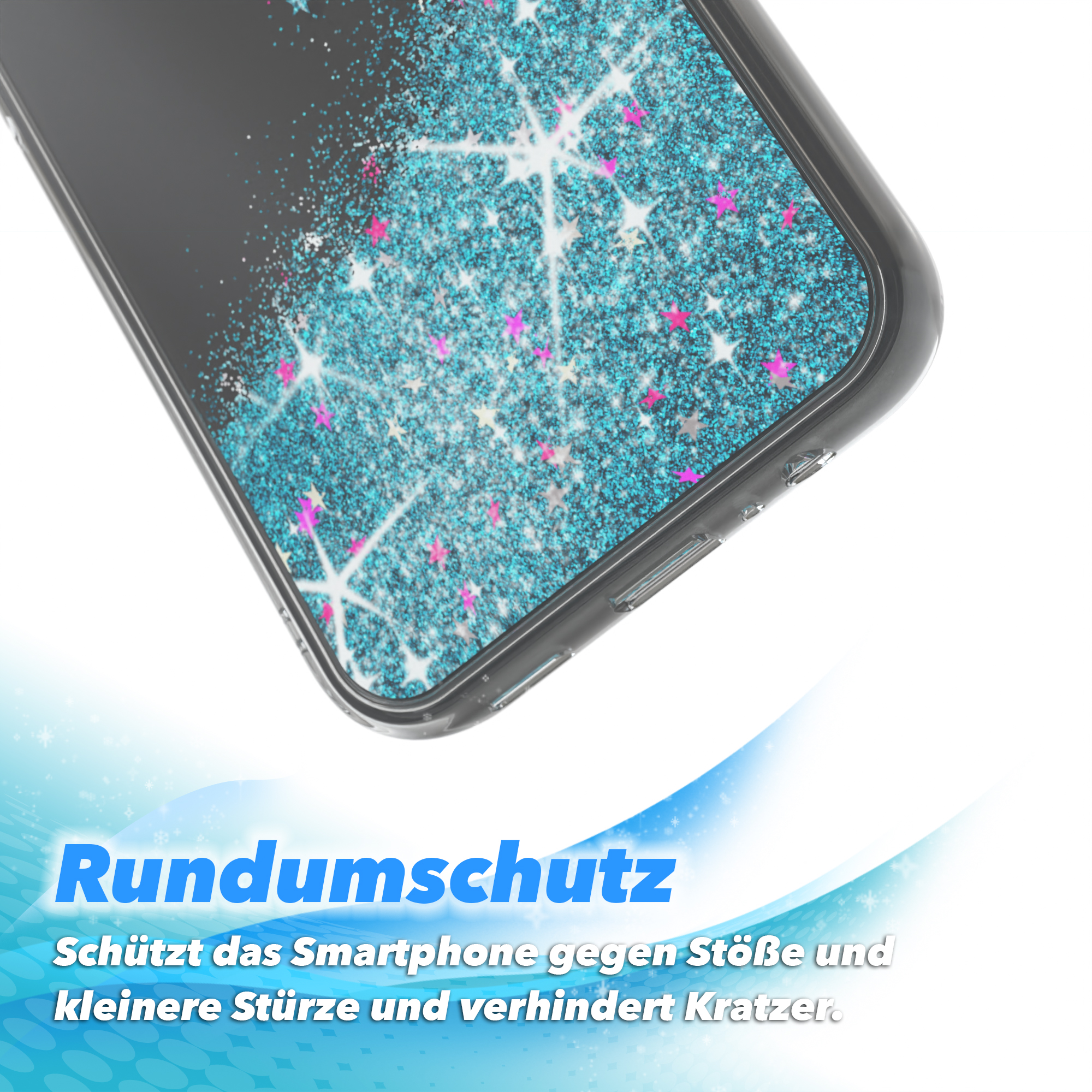 Handyhülle mit Glitzerdesign. Text sagt 'Rundumschutz' und beschreibt Schutz vor Stößen.