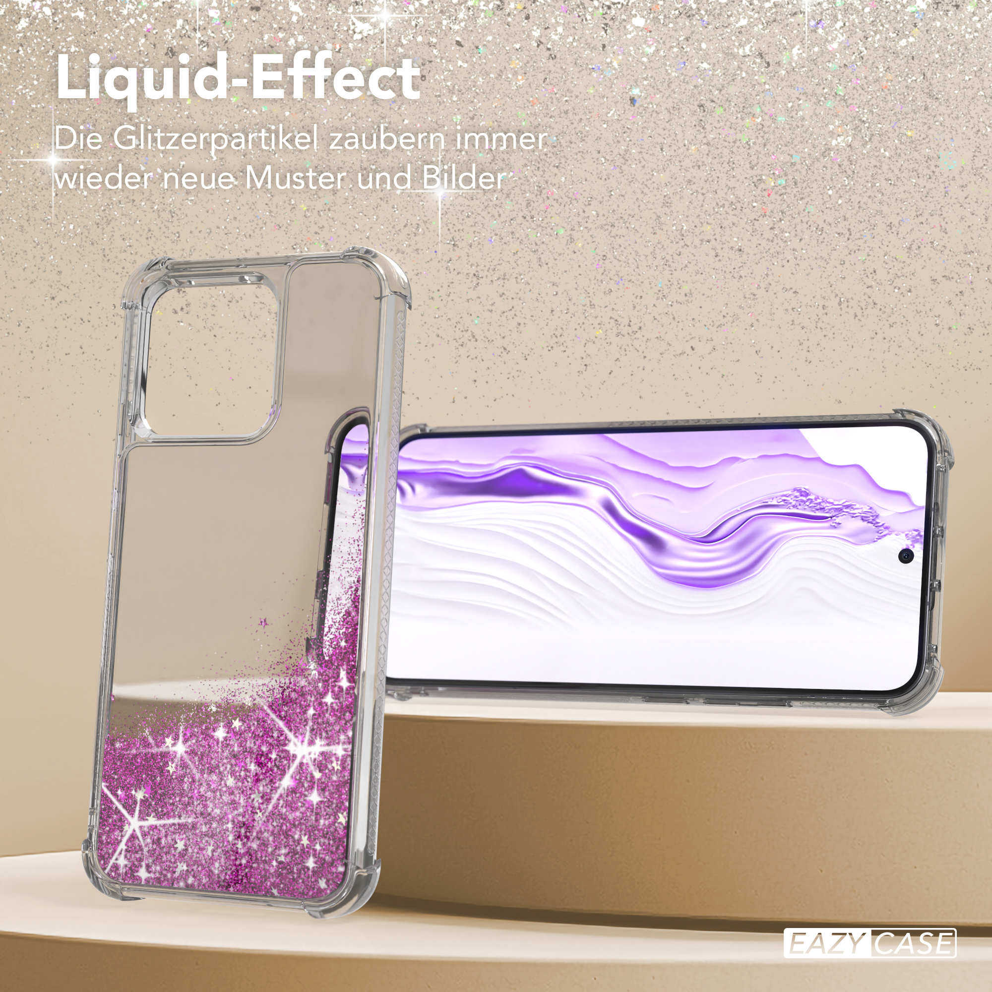 Eine transparente Handyhülle mit pinkfarbenem Glitzer. Auf beigem Untergrund.