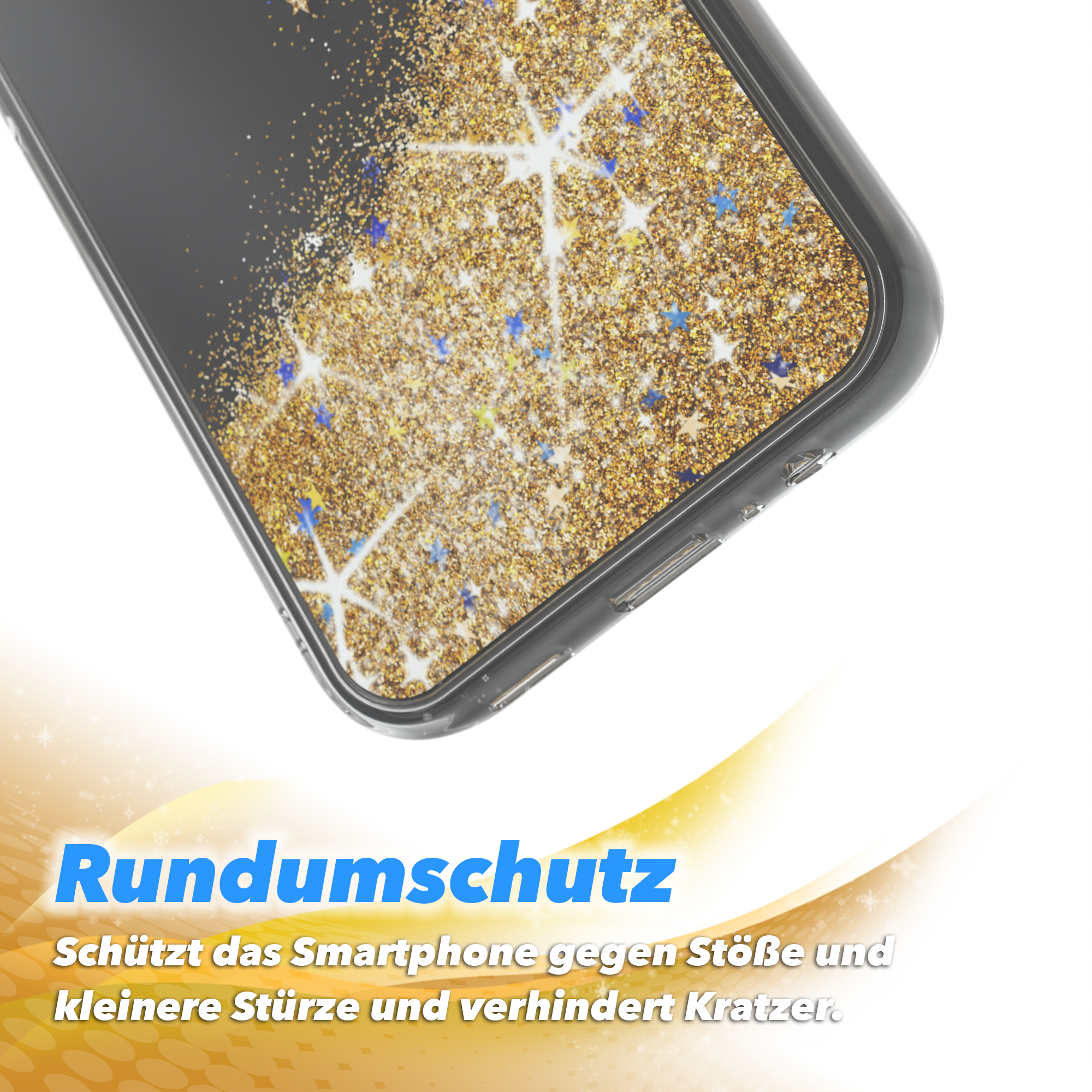 Nahaufnahme einer Handyhülle mit Glitzer und Sternen. Text: Rundumschutz. Schützt vor Stößen und Kratzern.