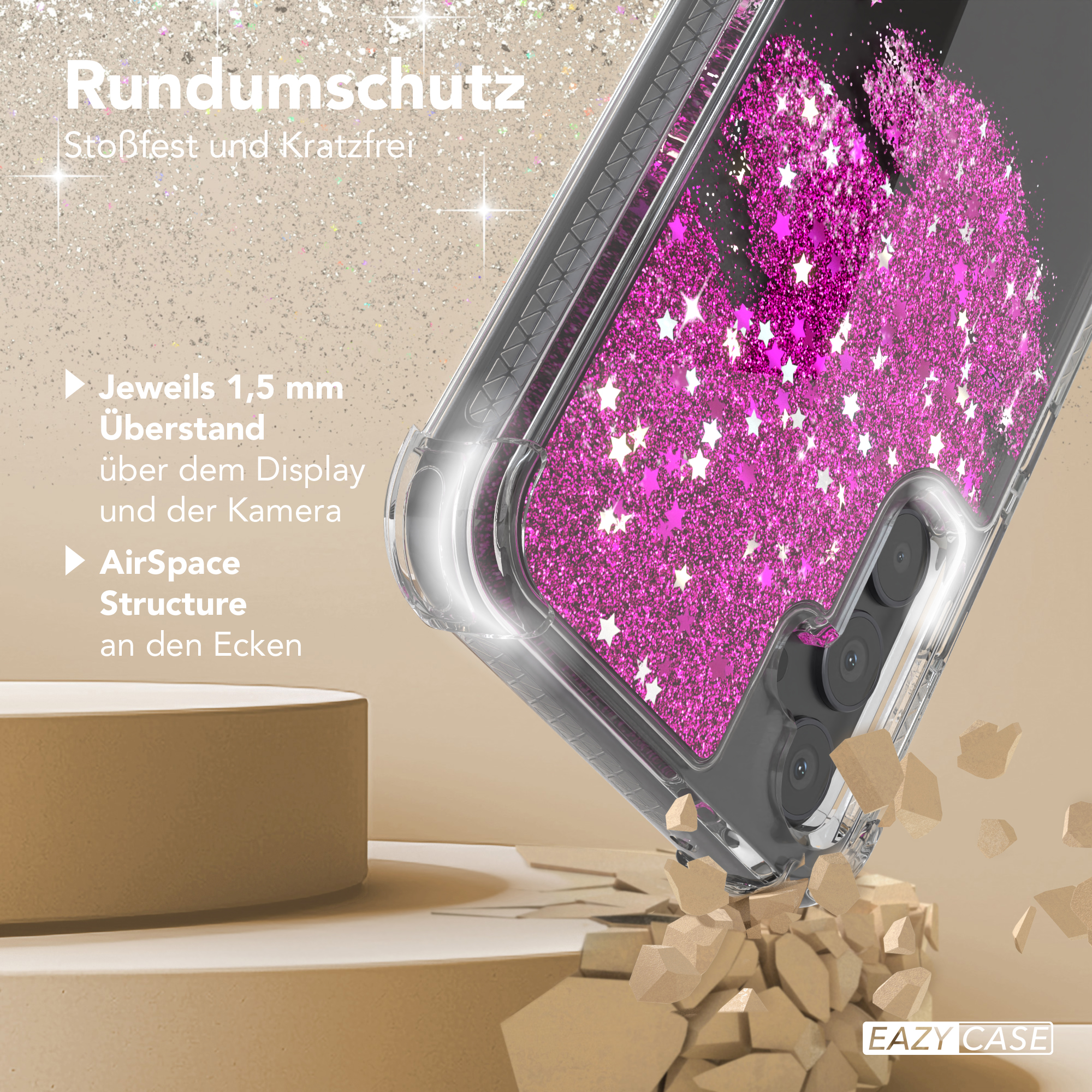 Eine Handyhülle mit rosa Glitzer und dem Text 'EAZY CASE' unten. Das Telefon ist gerissen.