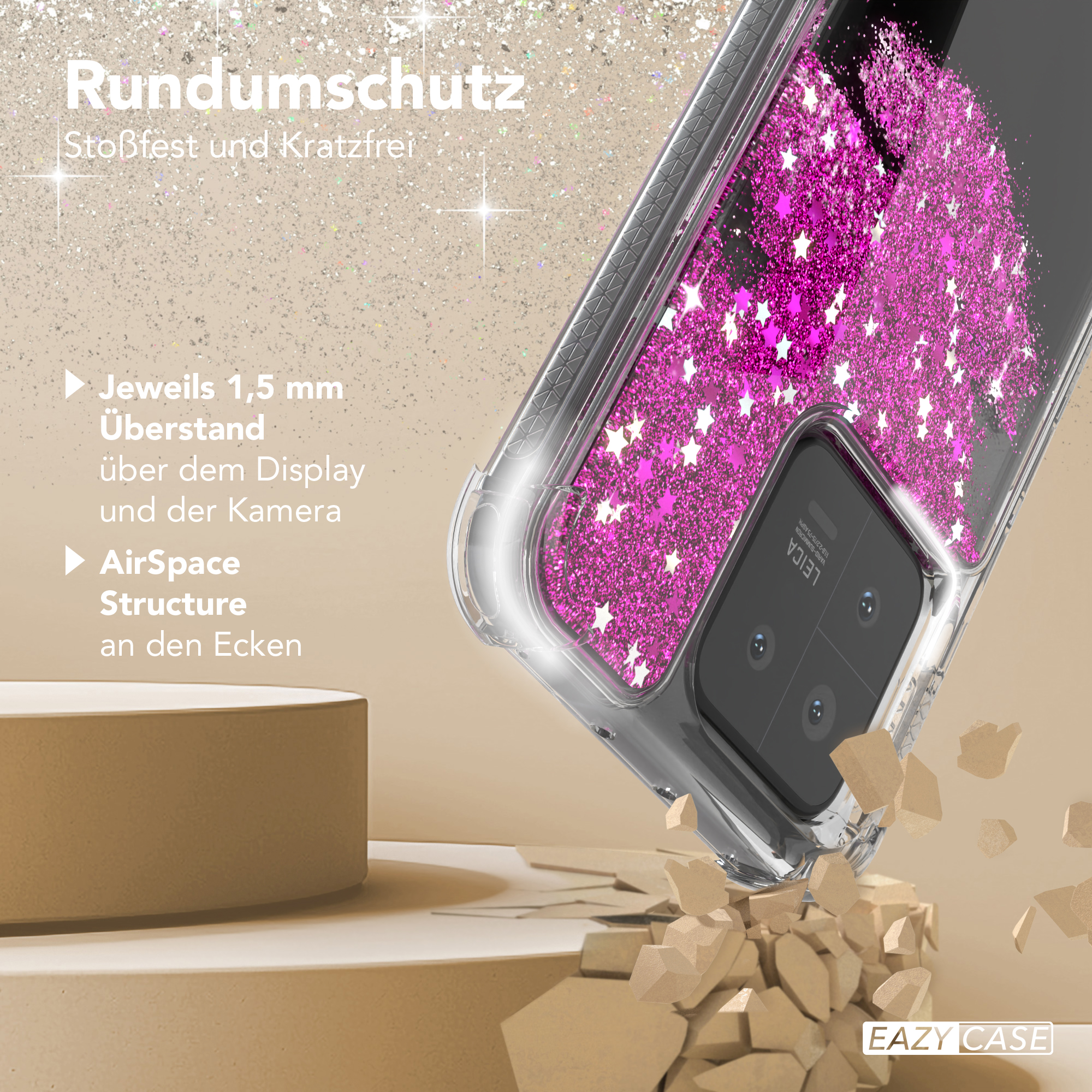 Eine pinkfarbene Handyhülle mit Glitzer wird gezeigt. Die Hülle liegt auf einer Oberfläche mit Ablagerungen.