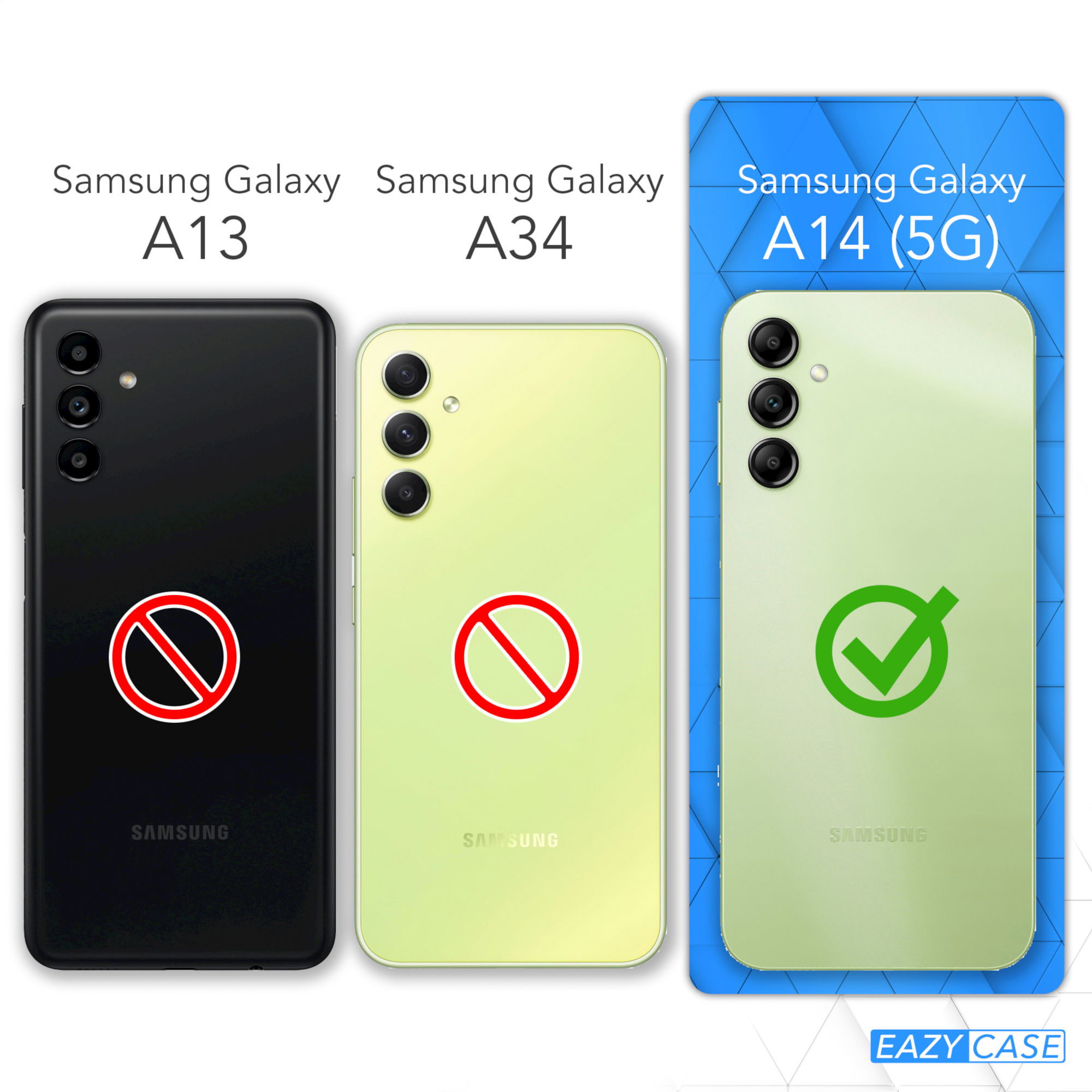 Drei Samsung Galaxy-Telefone: A13 mit rotem Stoppschild, A34 mit rotem Schild und A14(5G) mit Häkchen.