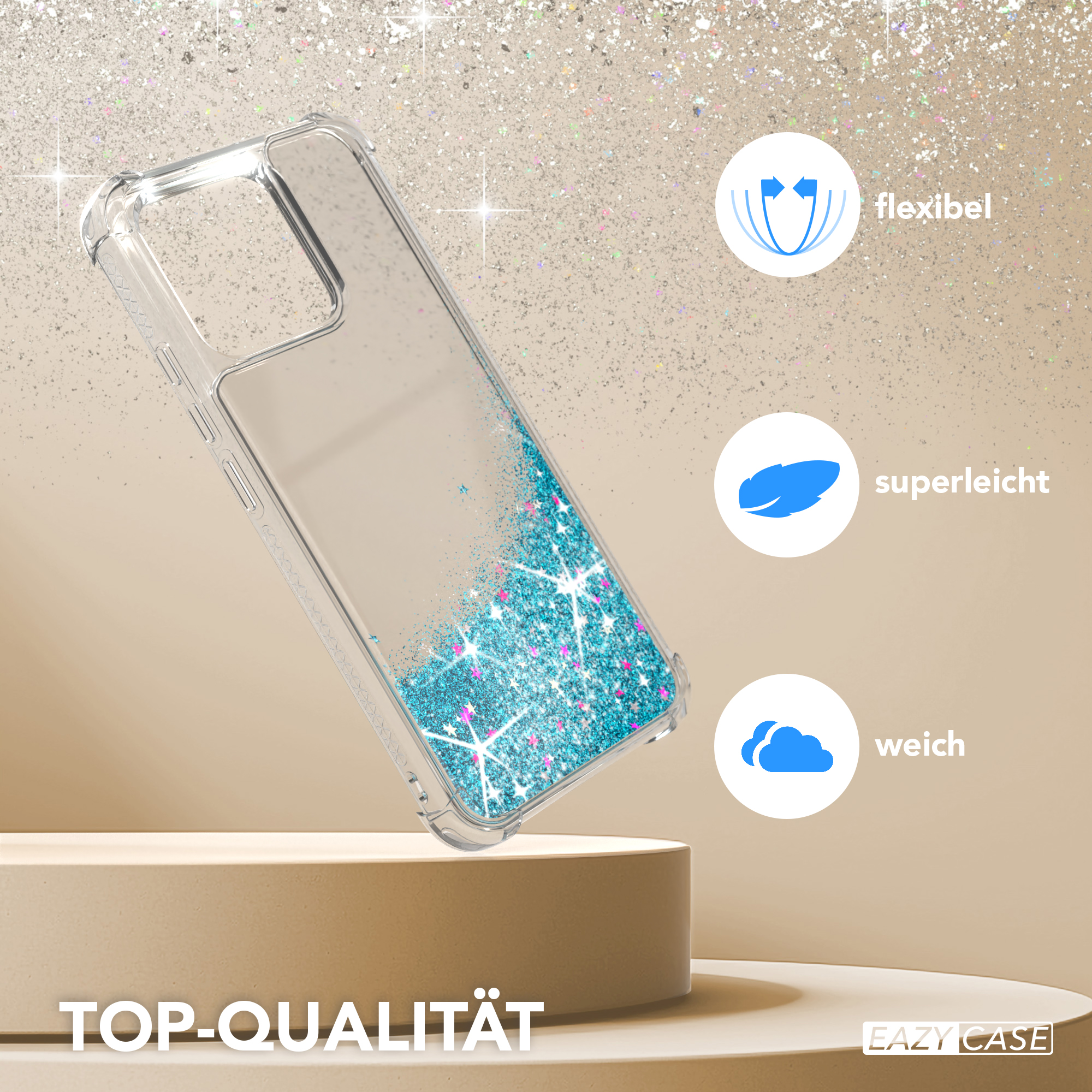 Transparente Handyhülle mit blauem Glitzer, auf beiger Plattform. Symbole zeigen Flexibilität, Leichtigkeit, Weichheit.