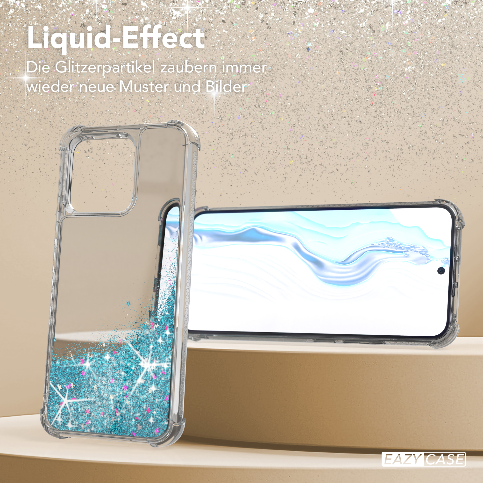 Transparente Handyhülle mit blauem Glitzer und Smartphone.