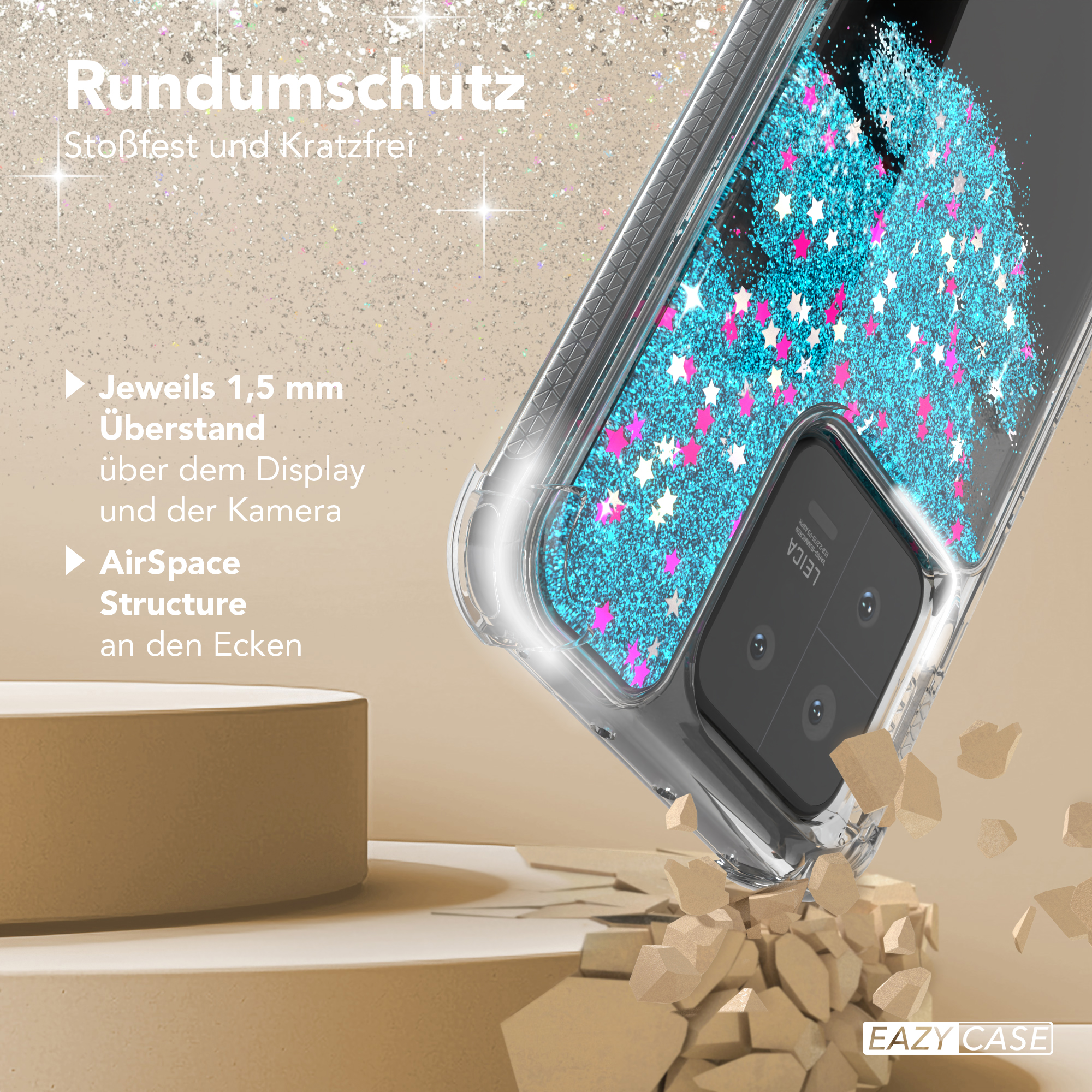 Handyhülle mit blauem Glitzer und Sternen, neben einer gerissenen Oberfläche.