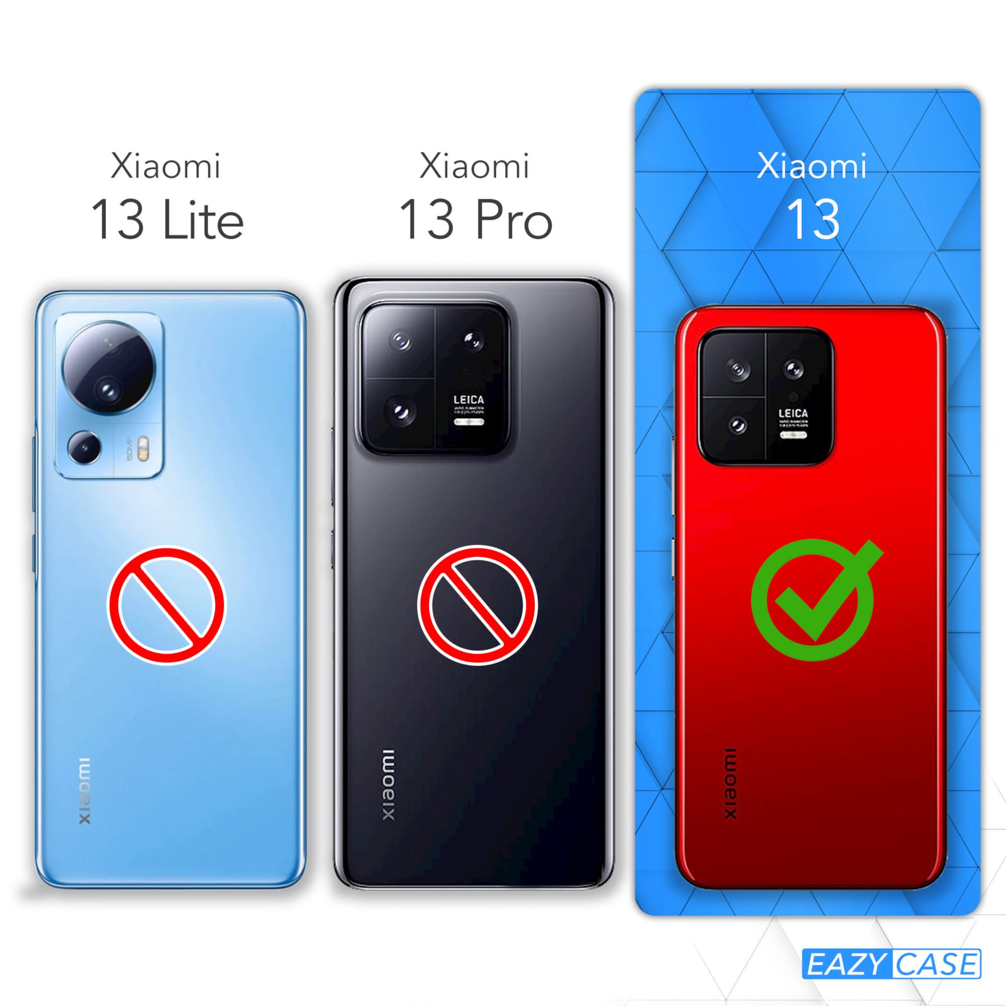 Drei Smartphones: Xiaomi 13 Lite (rotes X), Xiaomi 13 Pro (rotes X), Xiaomi 13 (grüner Haken).