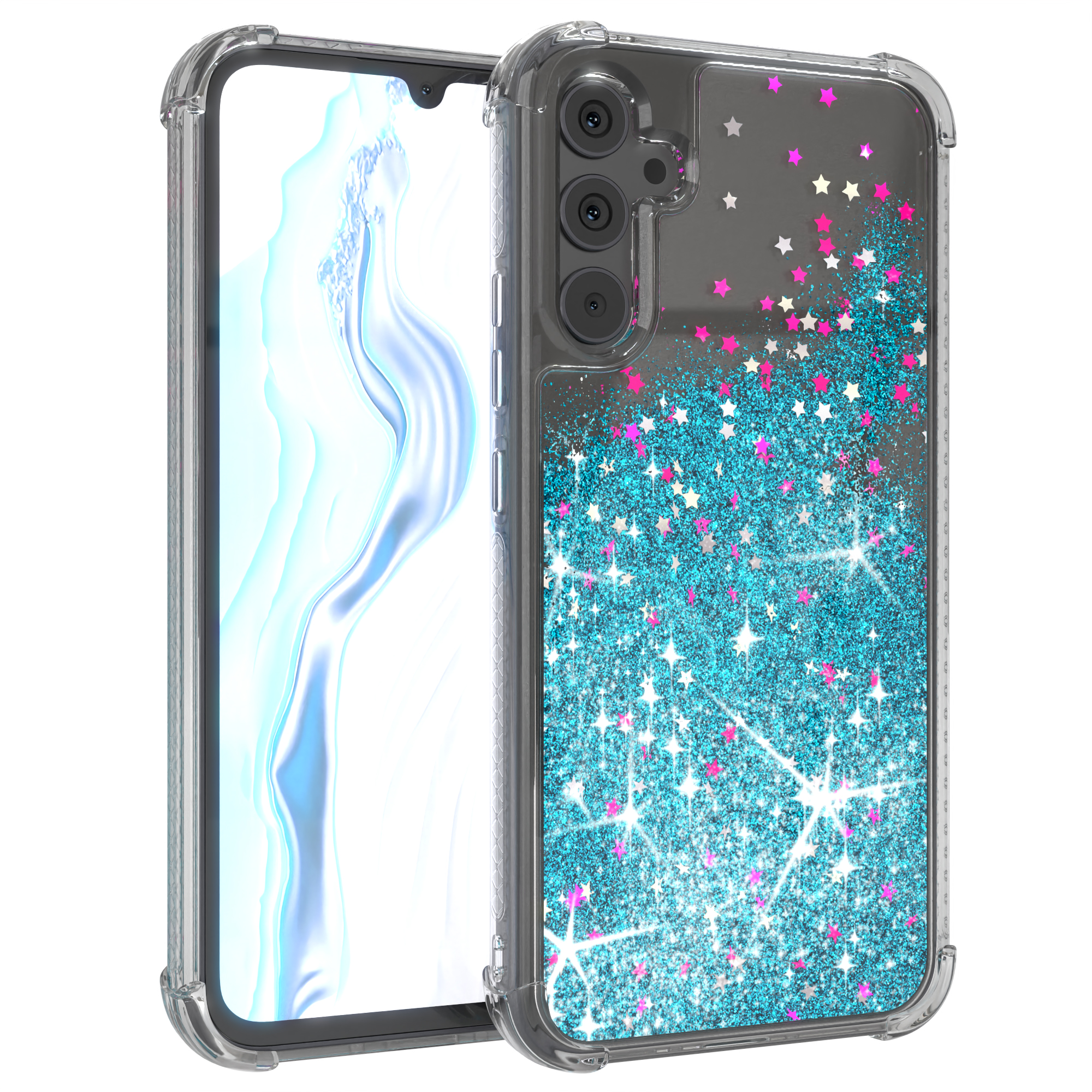Transparente Handyhülle mit blauen und rosa Glitzersternen.