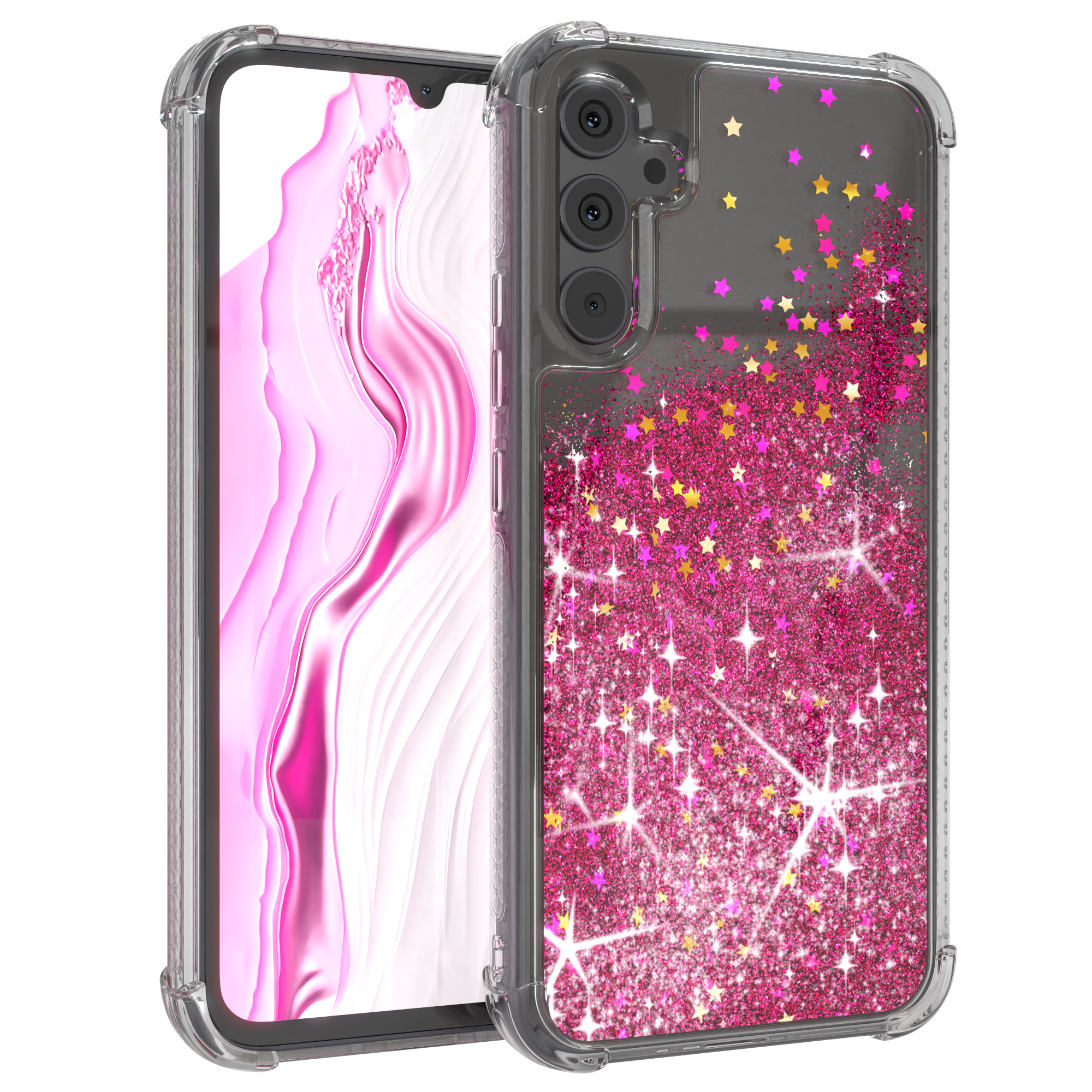 Transparente Handyhülle mit rosa Glitzer und Sternen, schützt ein Handy mit rosa Bildschirm.