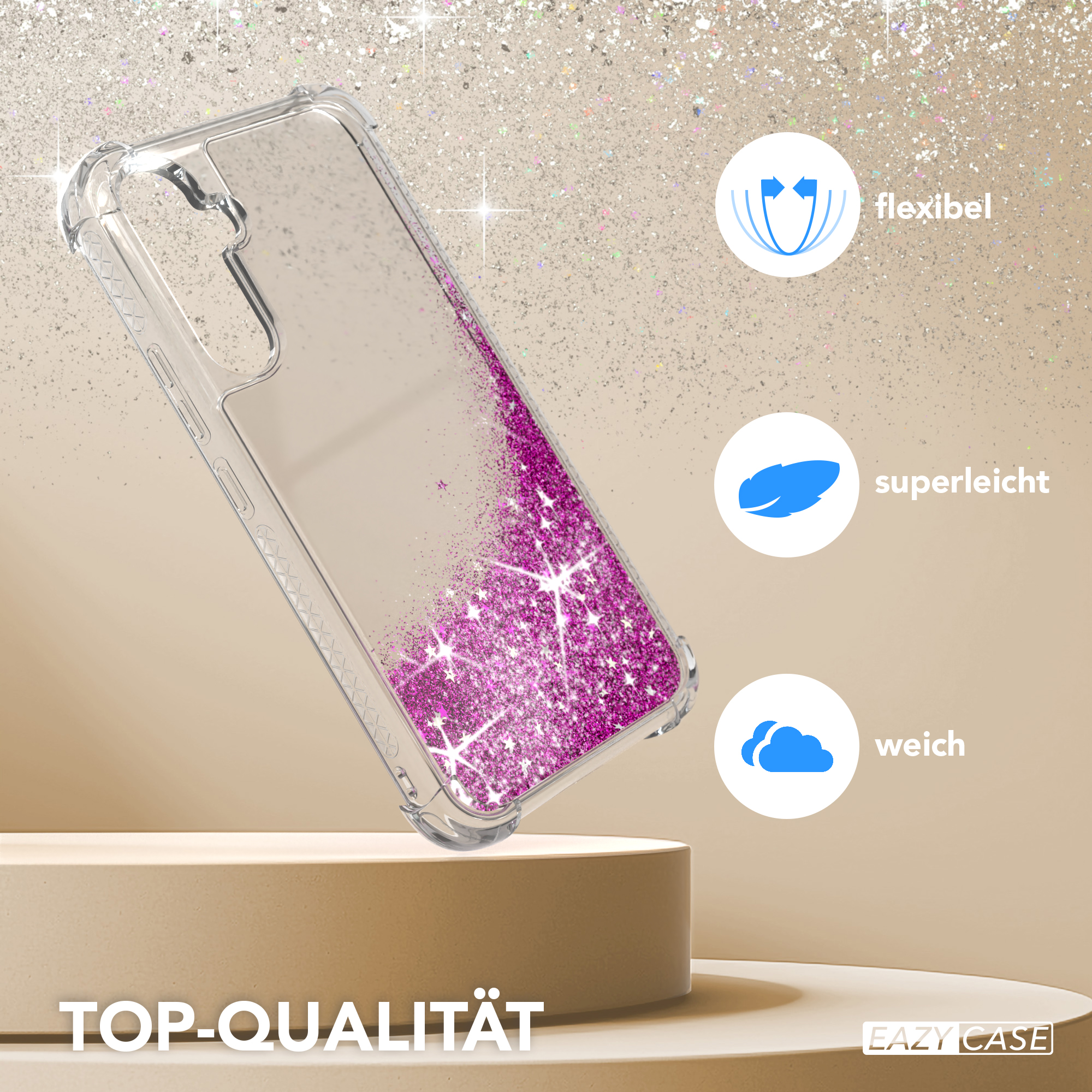 Eine Handyhülle mit Glitzer und Symbolen. Auf beiger Oberfläche.
