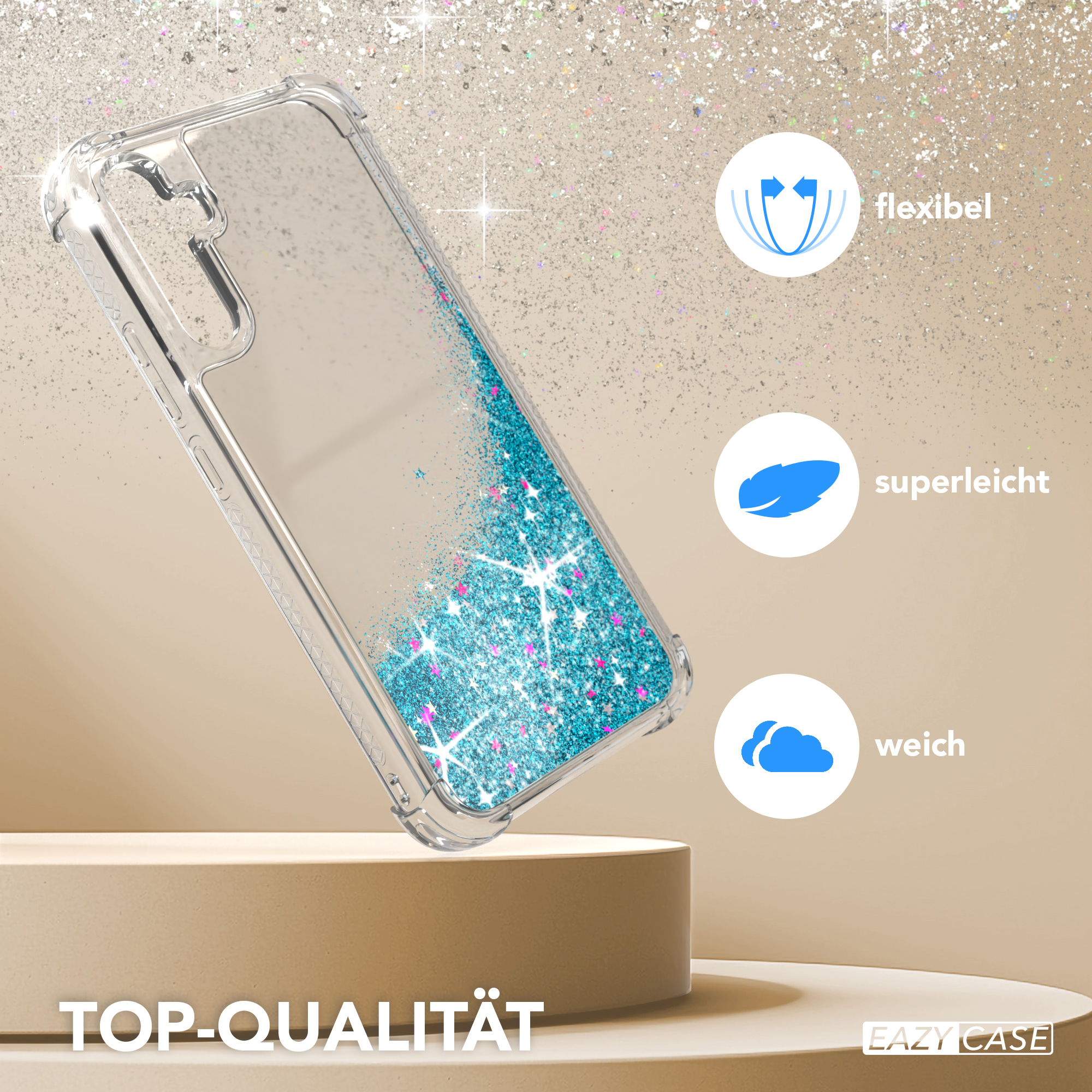 Transparente Handyhülle mit blauem Glitzer und Glanz, Text 'TOP-QUALITÄT' und Icons.