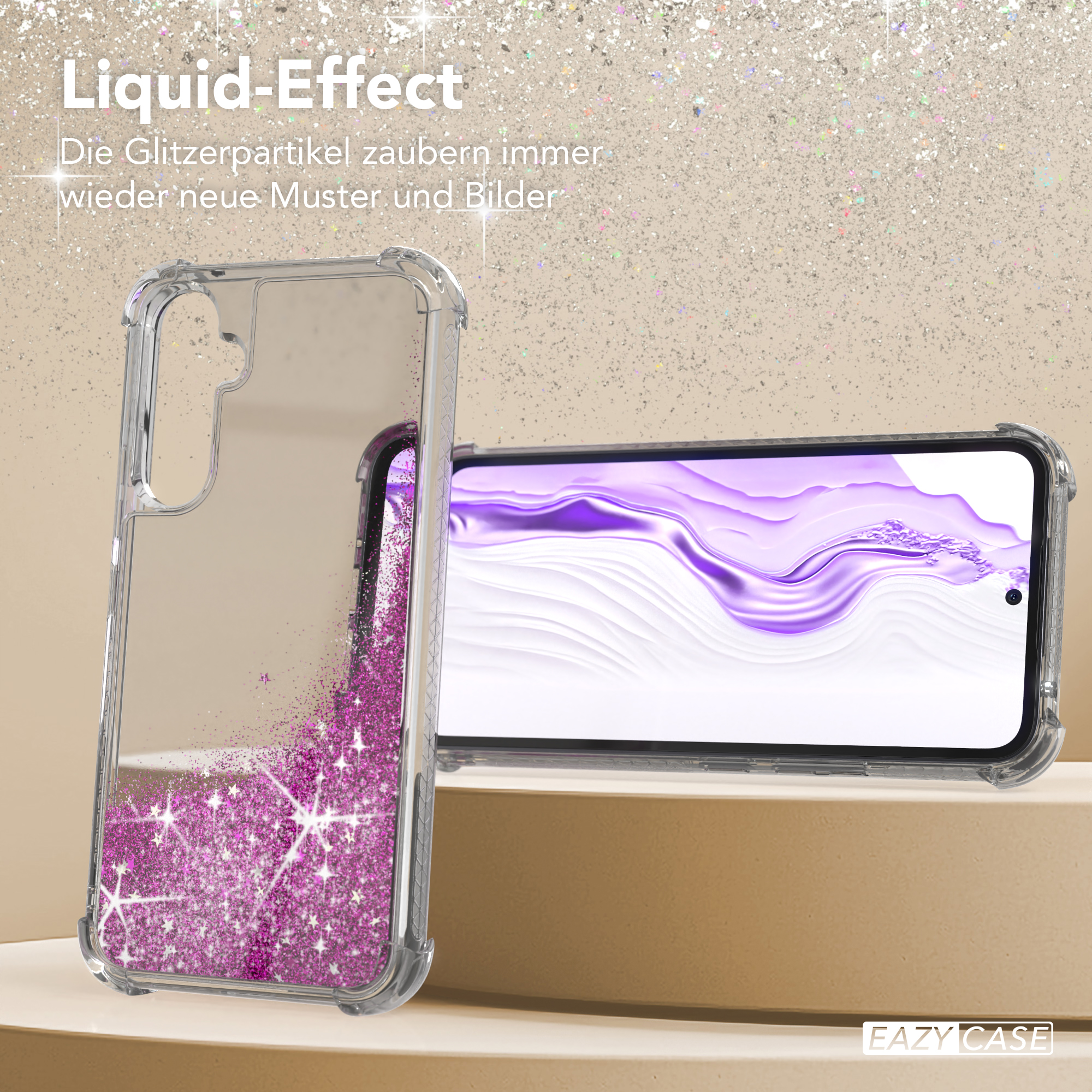 Eine Handyhülle mit Glitzer-Flüssigkeitseffekt, mit einem Telefon darin. Eazy Case Logo sichtbar.