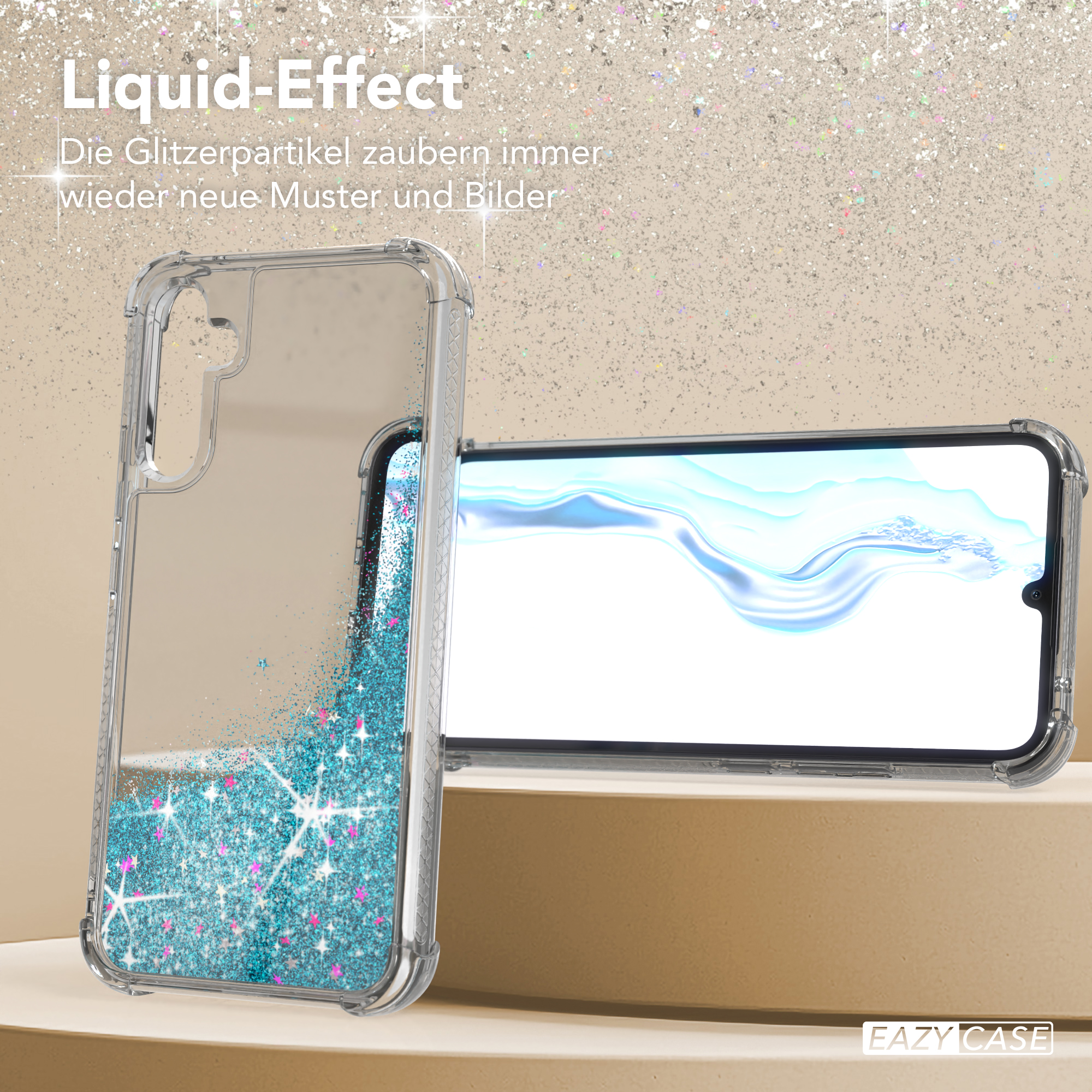 Transparente Handyhülle mit blauem Glitzer und Handy mit blauem Bildschirm.