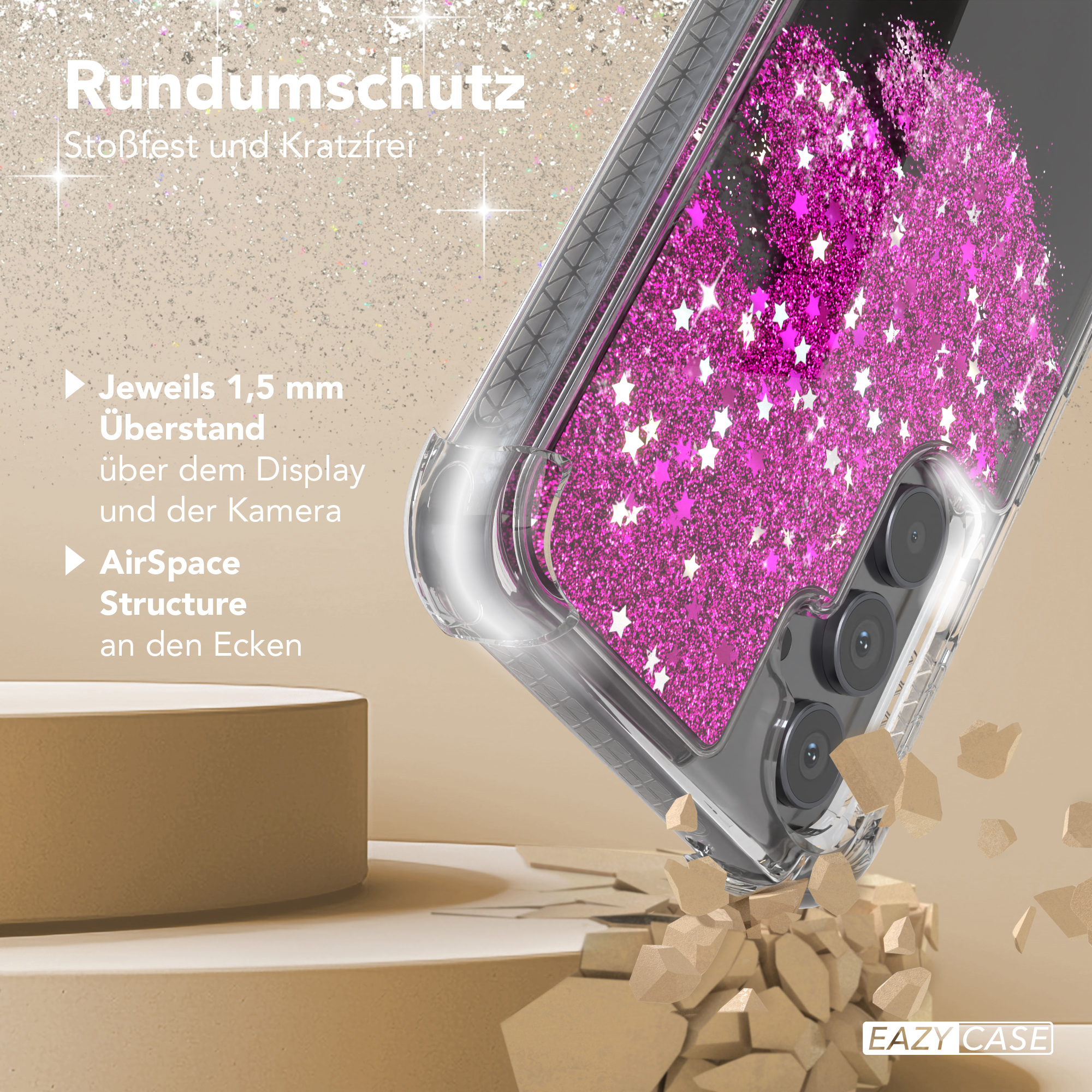 Zwei Kinder spielen auf einem rosa-grauen Spielplatz mit Rutsche.