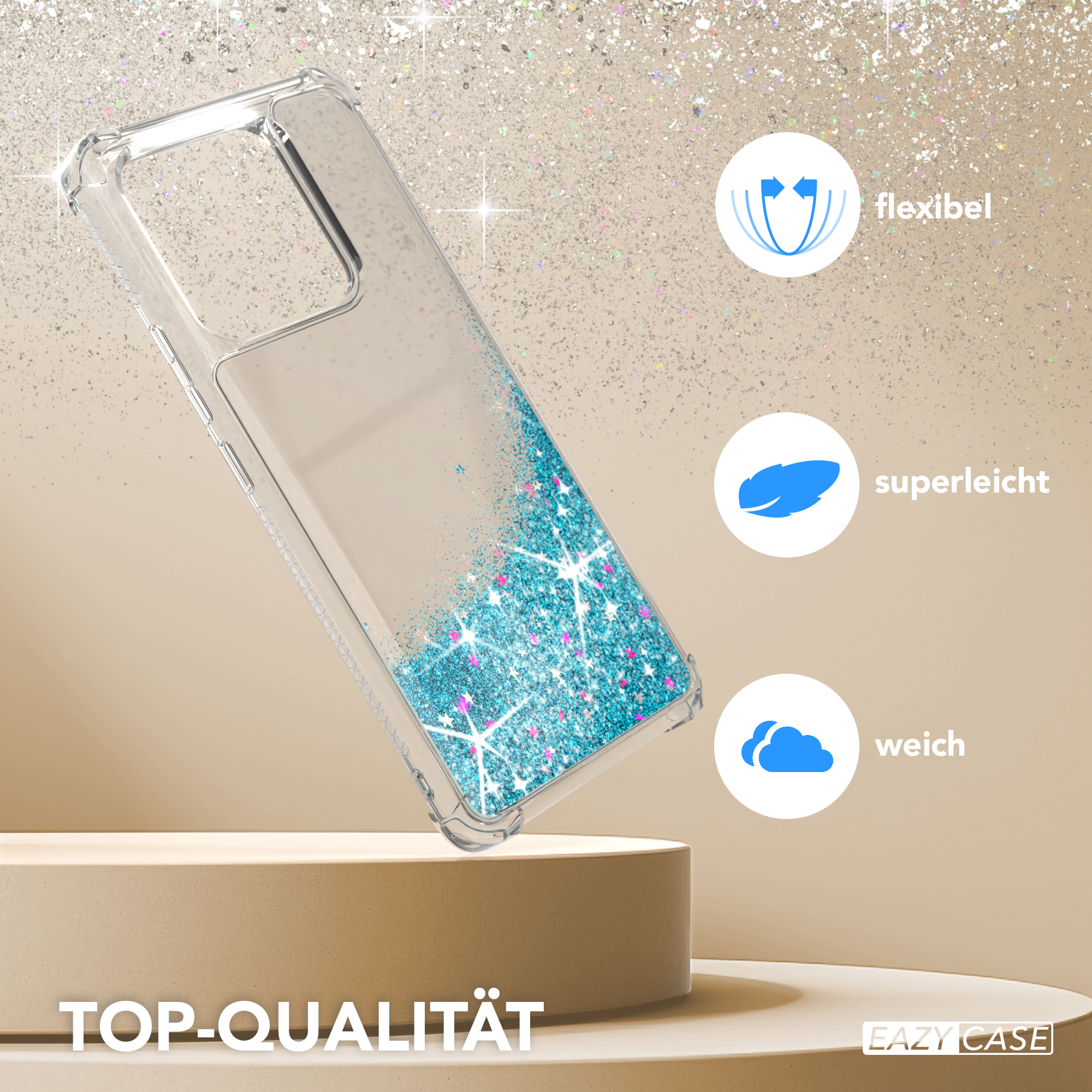 Transparente Handyhülle mit blauem Glitzer. Symbole für flexibel, leicht und weich werden angezeigt.