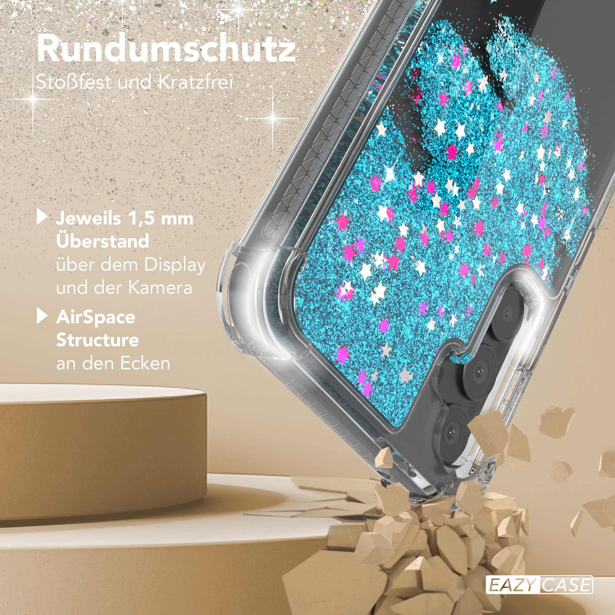 Nahaufnahme einer Handyhülle mit blauem Glitzer und weißen Sternen. Schutzfunktionen werden hervorgehoben.