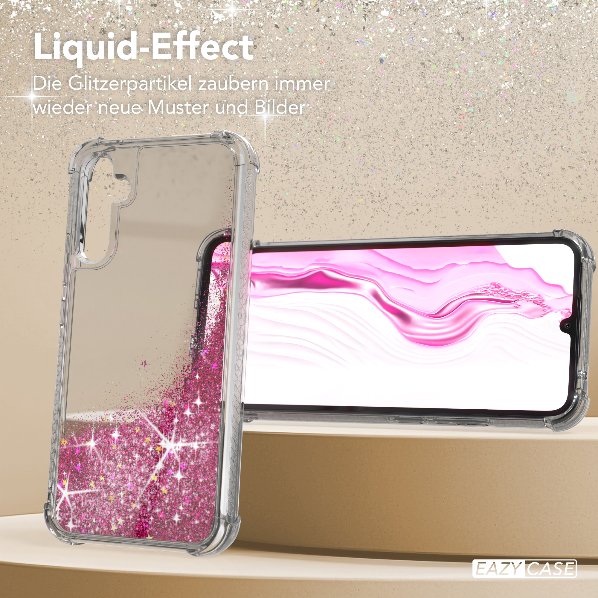 Handyhülle mit Flüssigkeitsglitzer-Effekt, Telefon im Inneren. Text: Liquid-Effect. Glitzer erzeugt neue Muster.
