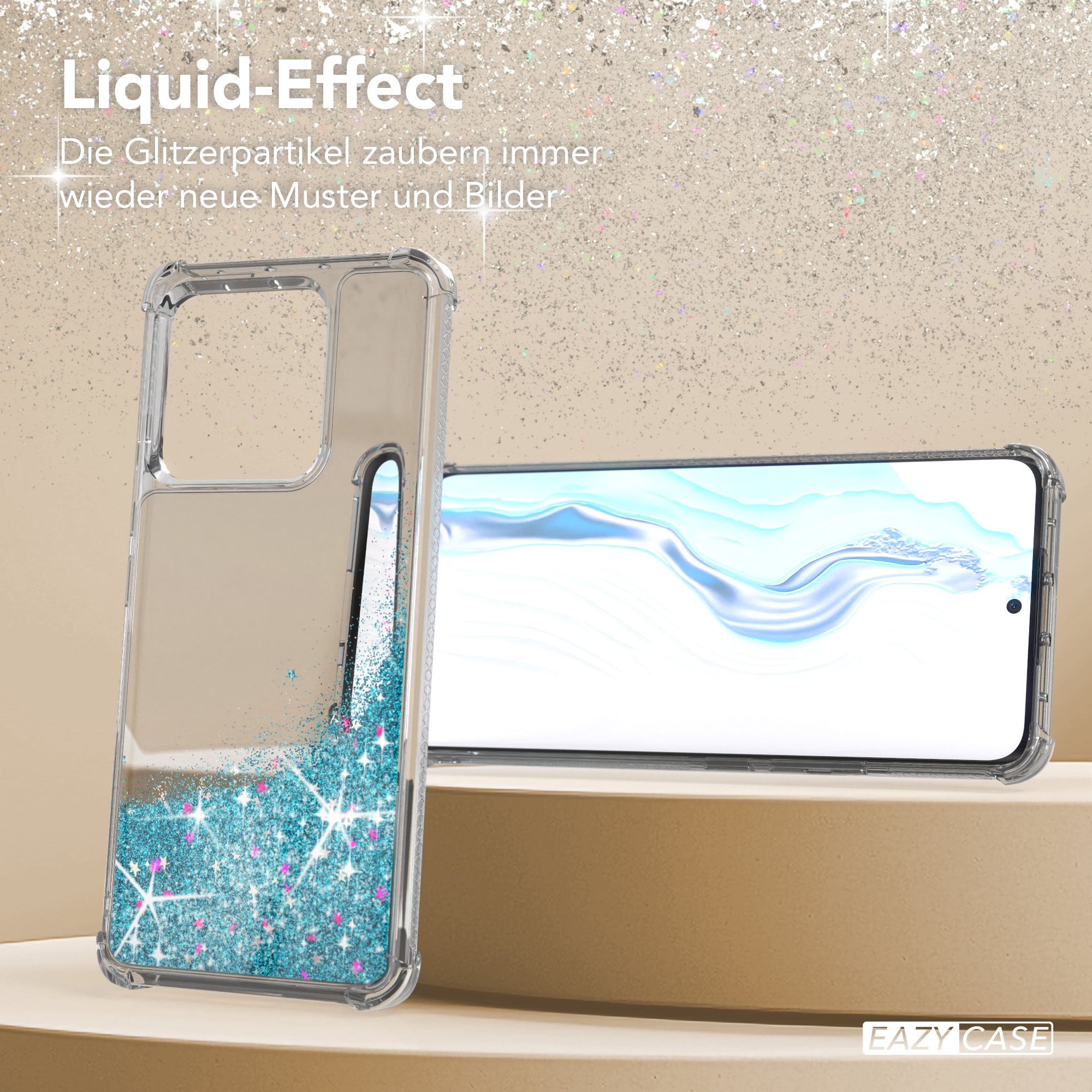 Klare Handyhülle mit blauer Glitzerflüssigkeit und Telefon. Text: 'Liquid-Effect' und 'EAZY CASE'.