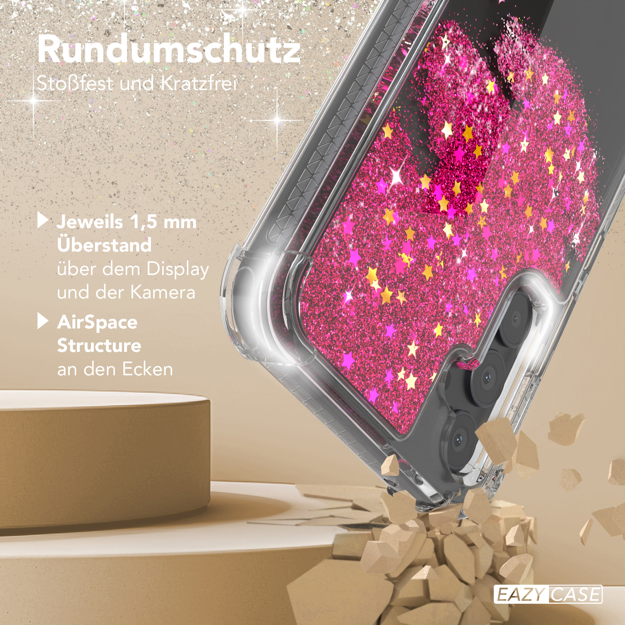 Nahaufnahme einer Handyhülle mit rosa Glitzer. Die Hülle hat ein Schutzdesign an den Kanten.