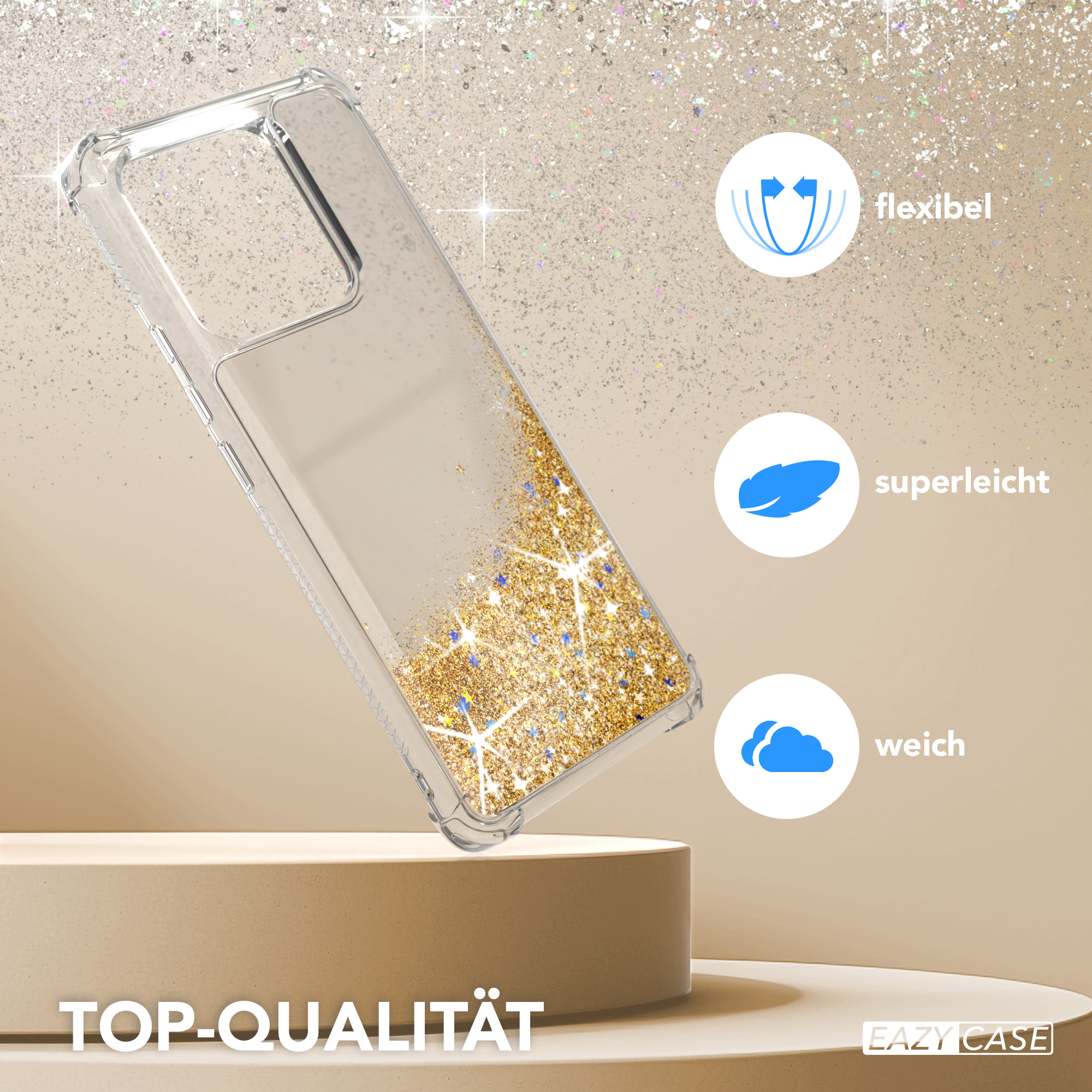Transparente Handyhülle mit Goldglitter, Text: 'TOP-QUALITÄT' und Icons für flexibel, leicht, weich.