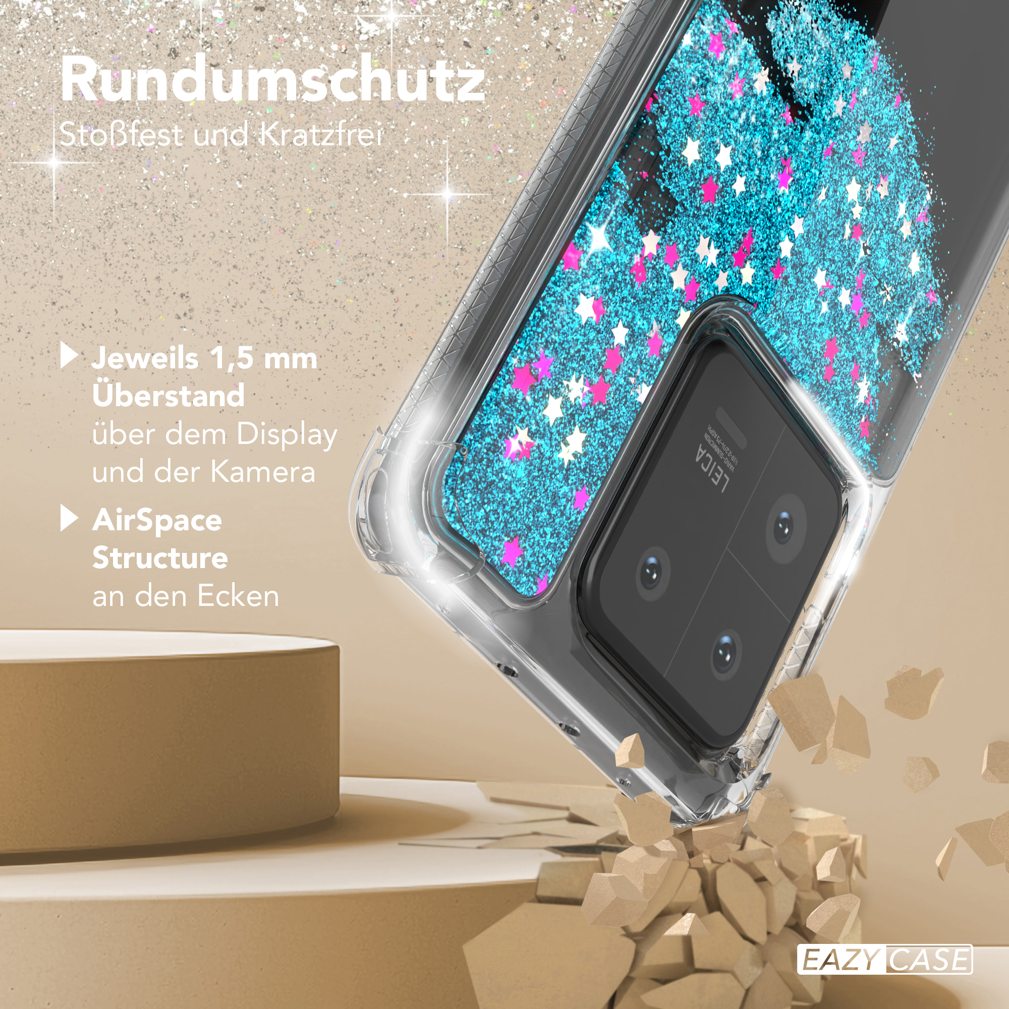 Handyhülle mit blauen Glitzersternen, Text und Design auf strukturiertem Hintergrund.