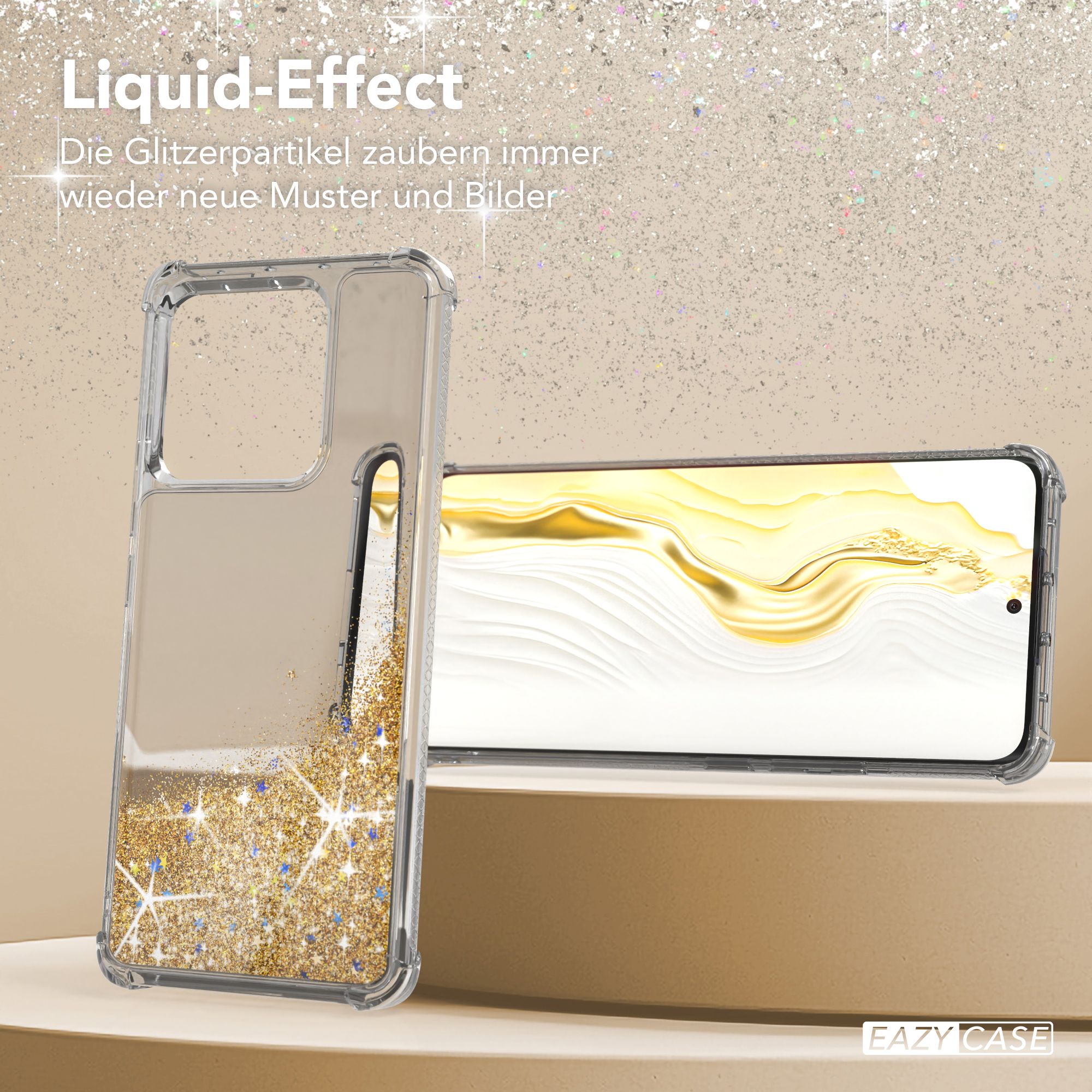 Eine transparente Handyhülle mit Glitzer neben einem Handy mit einem Bildschirm, der ein goldglitzerndes Muster zeigt.