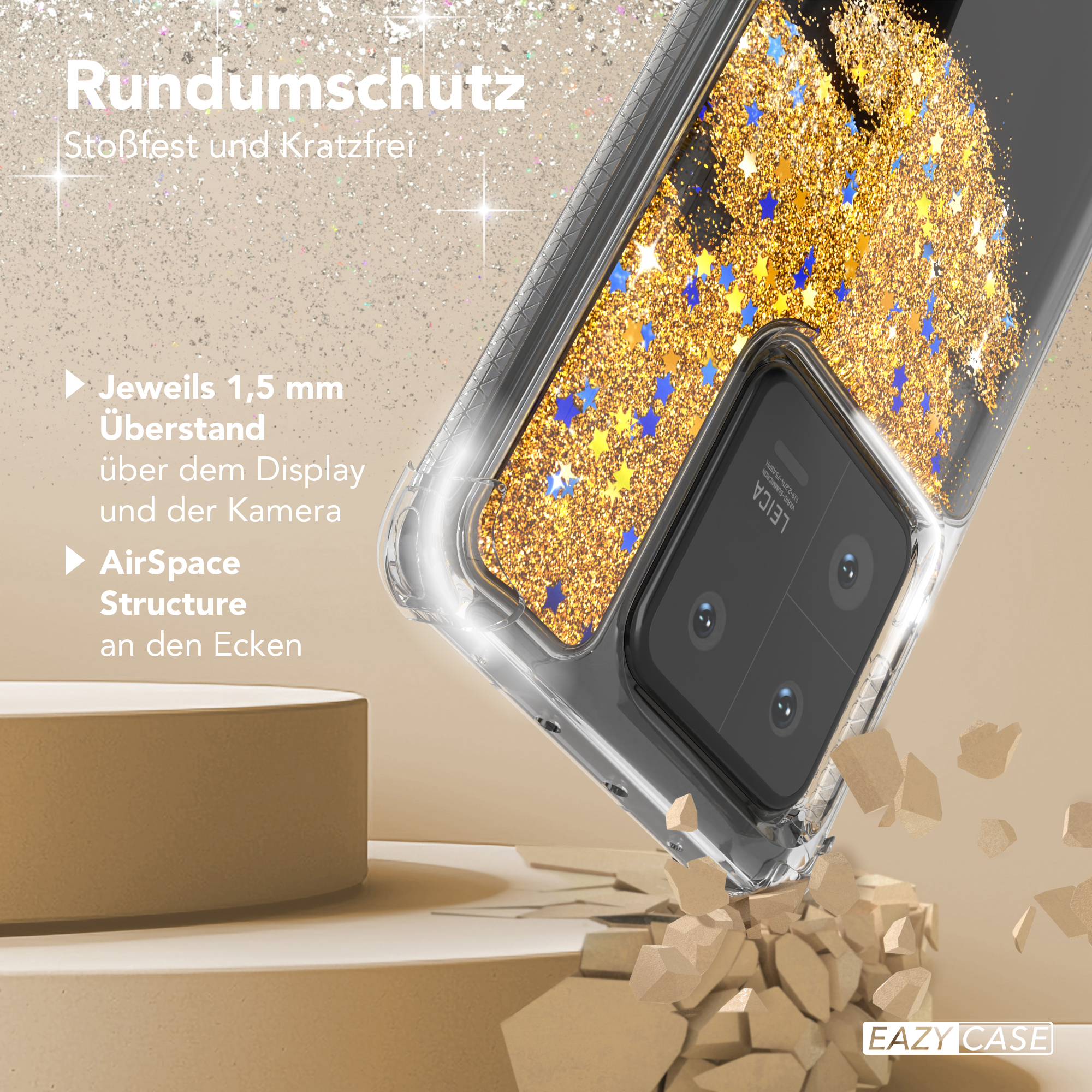 Transparente Handyhülle mit Goldglitzer neben einer zerbrochenen Oberfläche, Displayschutz.