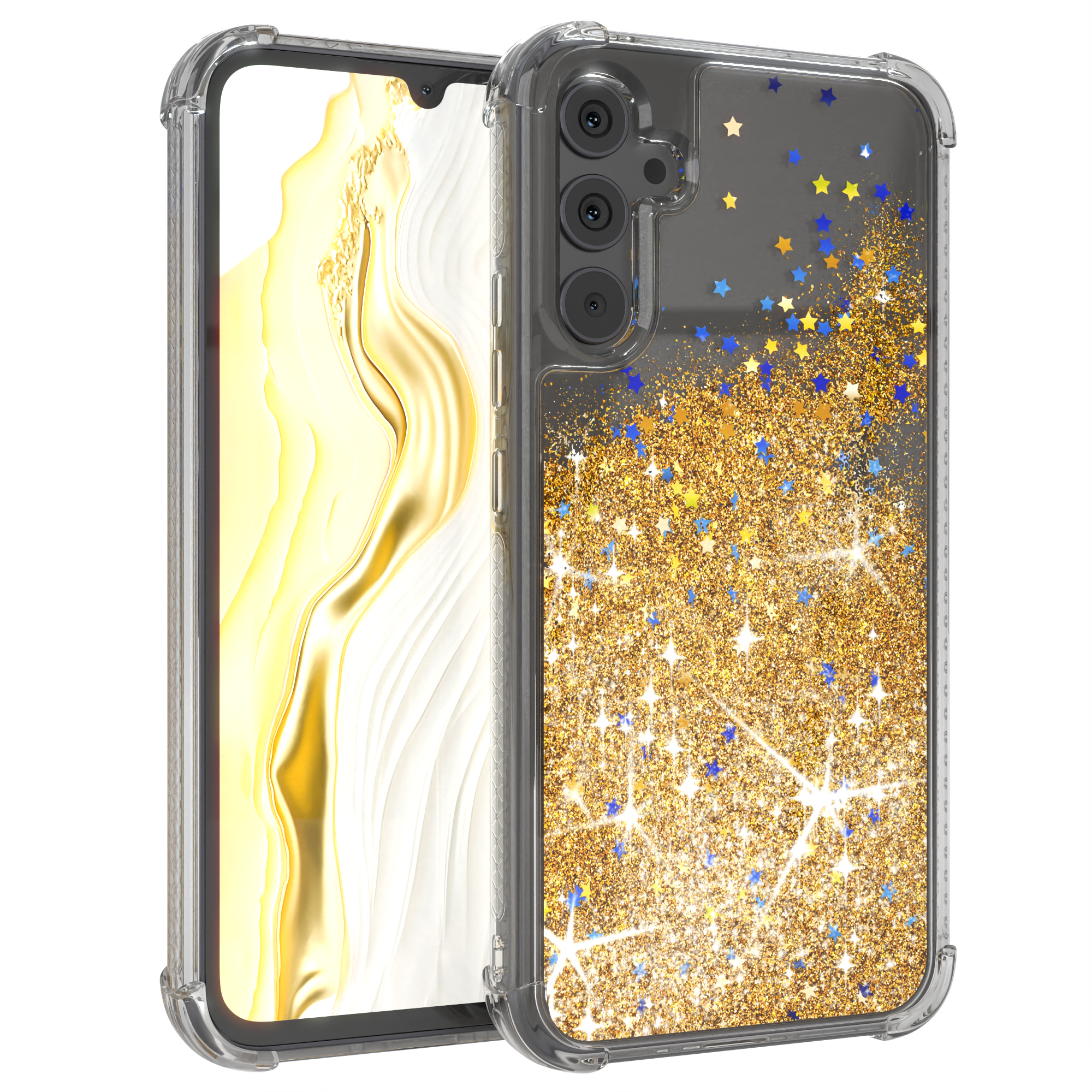 Transparente Handyhülle mit goldenen und blauen Glitzersternen.